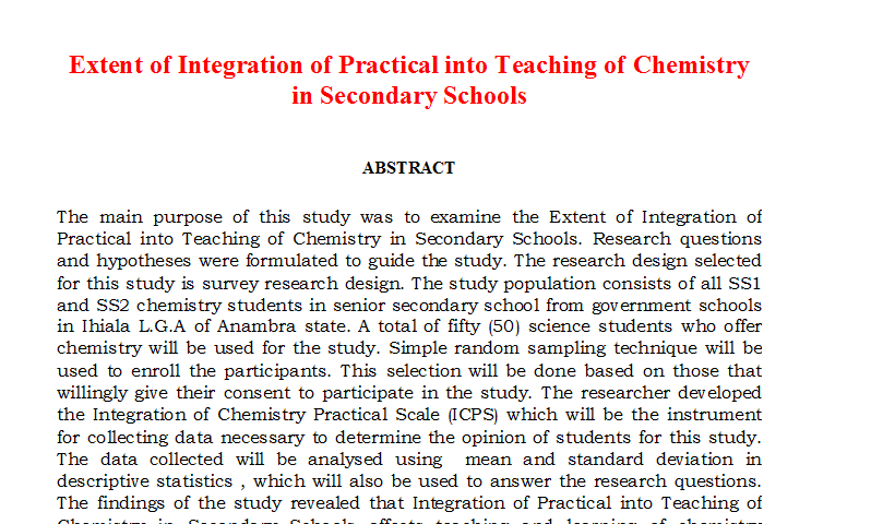 Extent of Integration of Practical into Teaching of Chemistry in Secondary Schools