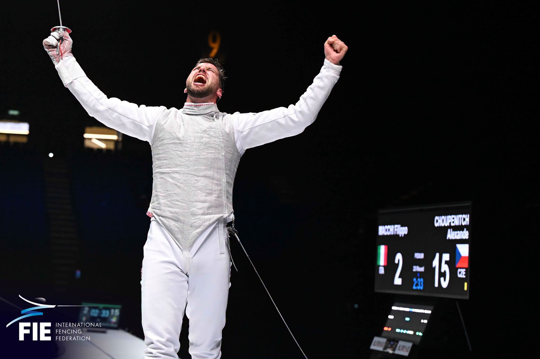 Alexander Choupenitch celebrating his historic men's foil gold medal victory at the World Fencing Championships 2026.:Photo from FIE