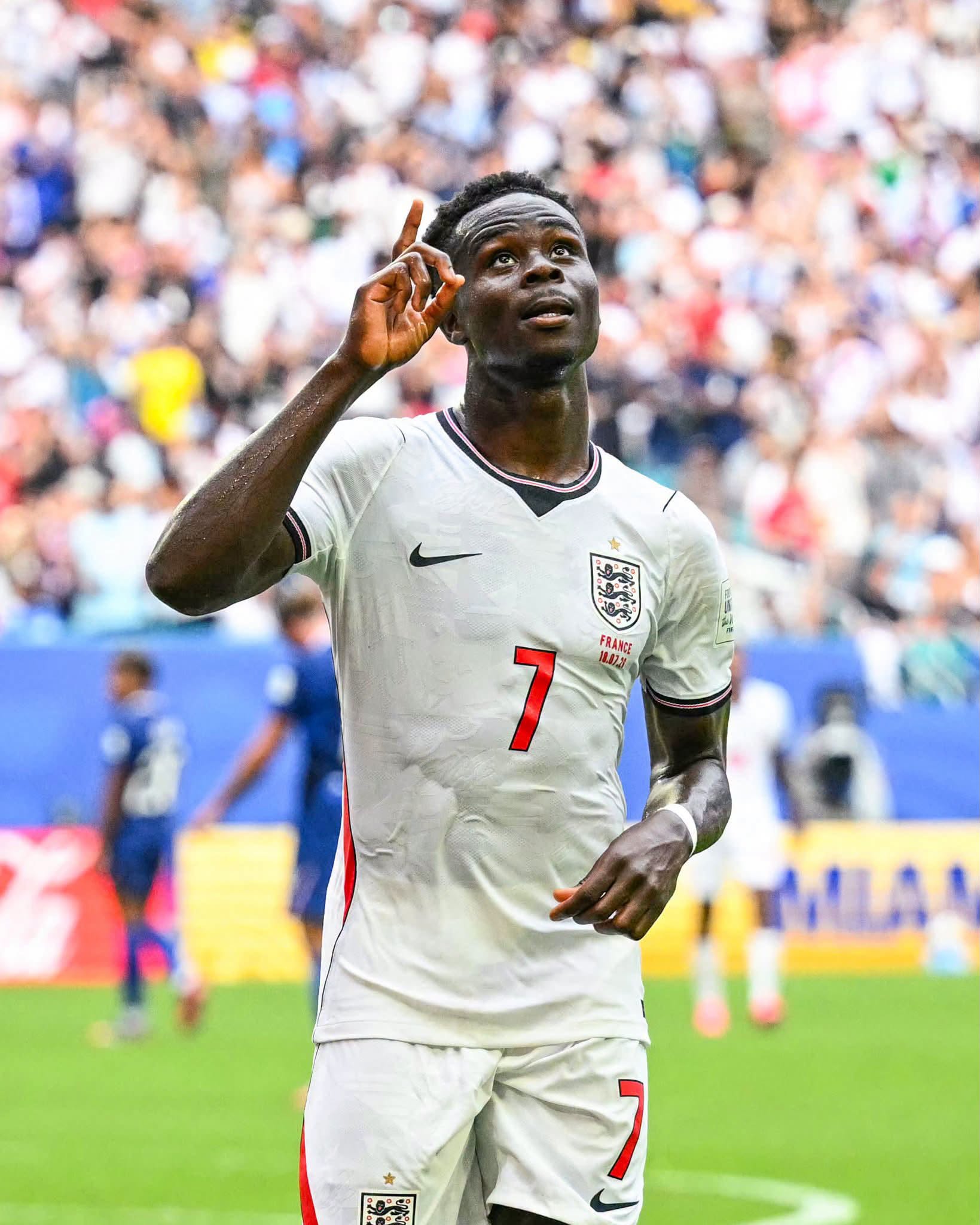 Bukayo Saka celebrates his historic hat trick during England vs France 2026 World Cup