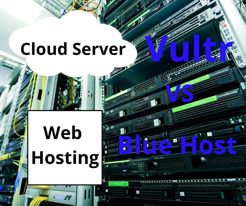 A data center with server racks; text overlays read Cloud Server, Web Hosting, Vultr vs Blue Host, and Best WordPress Hosting for Agencies—comparing top cloud server and web hosting services.