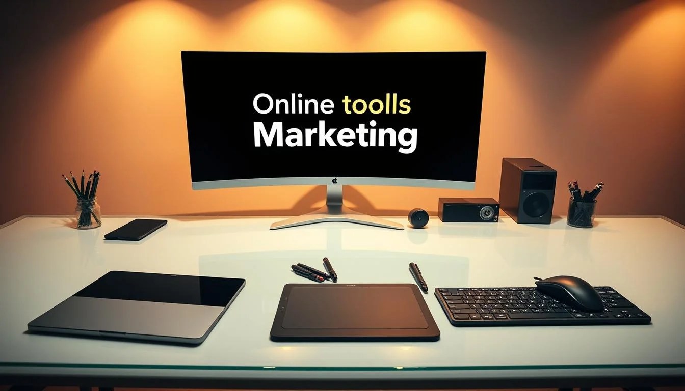 A clean, minimalist workspace with a variety of content formatting tools neatly arranged on a sleek, glass desk. The foreground features a stylish laptop, a tablet, and an ergonomic mouse. In the middle ground, there are digital editing pens, a high-quality graphics tablet, and a state-of-the-art, wireless keyboard. The background showcases a large, curved monitor displaying the "Online tools for Marketing" brand logo, bathed in warm, directional lighting that creates a professional, productive atmosphere.