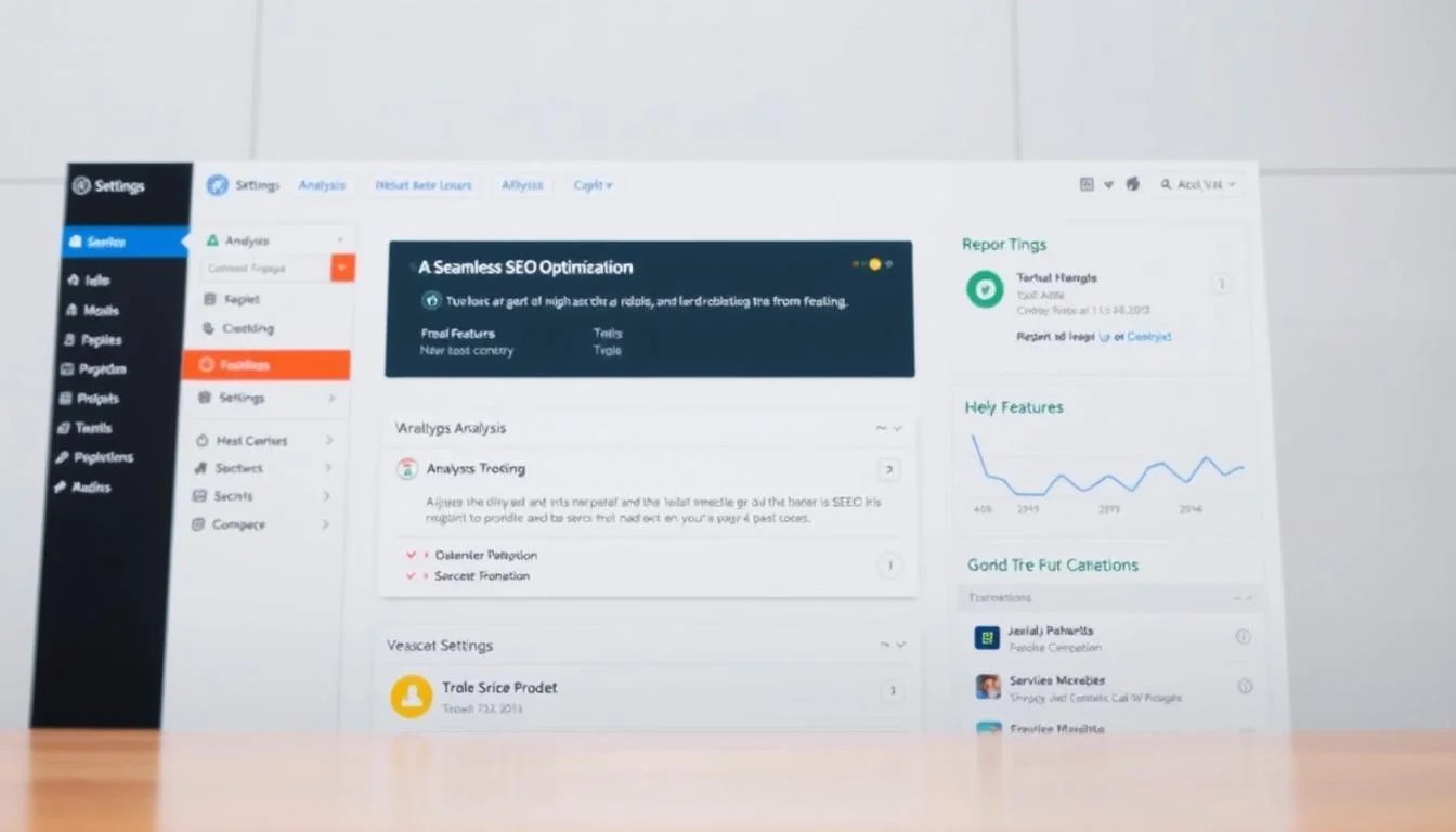 A clean, well-organized WordPress plugin dashboard with a user-friendly interface, showcasing a seamless SEO optimization workflow. The foreground displays a simple and intuitive layout, with clear sections for settings, analysis, and reporting. The middle ground features a sidebar navigation menu and a central content area highlighting key features. The background has a subtle grid pattern, conveying a sense of structure and professionalism. The lighting is soft and diffused, creating a calming, productive atmosphere. The camera angle is slightly elevated, providing a comprehensive view of the dashboard's layout and functionality.