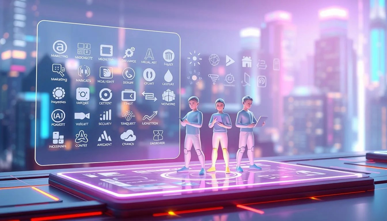 A futuristic, high-tech image showcasing a diverse array of AI-powered image creation tools. In the foreground, a sleek, holographic interface displays various icons and logos representing popular online tools for marketing, digital art, and photo editing. The middle ground features a trio of 3D-rendered characters, each interacting with the tools in different ways - a designer manipulating digital brushstrokes, a marketer curating visual assets, and a content creator crafting eye-catching visuals. The background is a luminous, neon-infused cityscape, hinting at the cutting-edge technology powering these innovative tools. The overall atmosphere conveys a sense of creativity, productivity, and the seamless integration of AI into the modern content workflow. Online tools for Marketing.