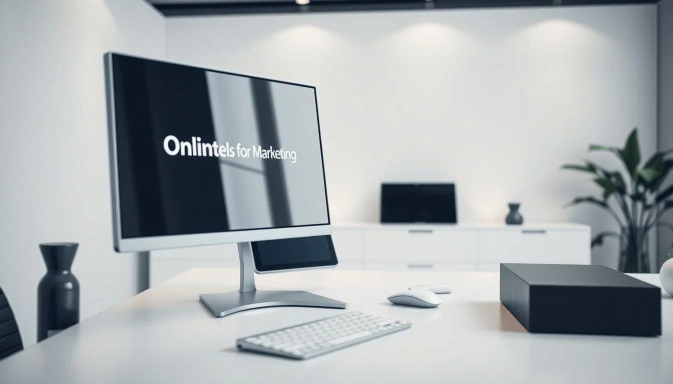 A modern, minimalist workspace with sleek AI-powered content creation tools prominently displayed. In the foreground, a high-resolution monitor showcases the "Online tools for Marketing" brand, its minimalist UI and intuitive controls. In the middle ground, a tablet and stylus sit alongside a mouse and keyboard, hinting at the versatility of the tools. The background features clean white walls, subtle lighting, and a sense of order and focus, creating a professional, productive atmosphere. The overall scene conveys the power and refinement of AI-driven content creation, perfectly suited for the "How to Choose the Right AI Tool for Your Needs" section of the article.
