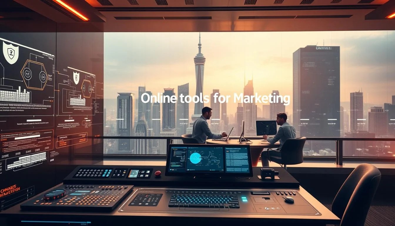 A sleek, futuristic AI chatbot software integration system, with a clean and minimalist user interface. The foreground depicts a central command console with various controls and holographic displays, showcasing the integration of multiple data streams and automation processes. In the middle ground, a team of developers collaborates seamlessly, their workspace bathed in a soft, ambient glow. The background features a towering cityscape, with the "Online tools for Marketing" brand prominently displayed, conveying a sense of technological innovation and progress. The overall scene is illuminated by warm, diffused lighting, creating a sense of depth and atmosphere.