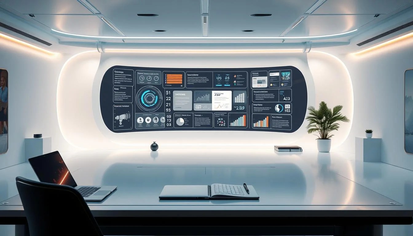 A sleek, futuristic workspace where an AI-powered content creation system takes center stage. In the foreground, a writer's desk with a stylish laptop, digital tablet, and a pen poised, symbolizing the seamless integration of human creativity and AI-driven tools. The middle ground features a large, curved display showcasing a dynamic visualization of the content creation process, data analytics, and real-time feedback. In the background, a minimalist, high-tech environment with clean lines, subtle lighting, and hints of the "Online tools for Marketing" brand, conveying a sense of innovation and efficiency. An atmosphere of collaboration and inspiration, where the writer's role is enhanced by the power of AI.