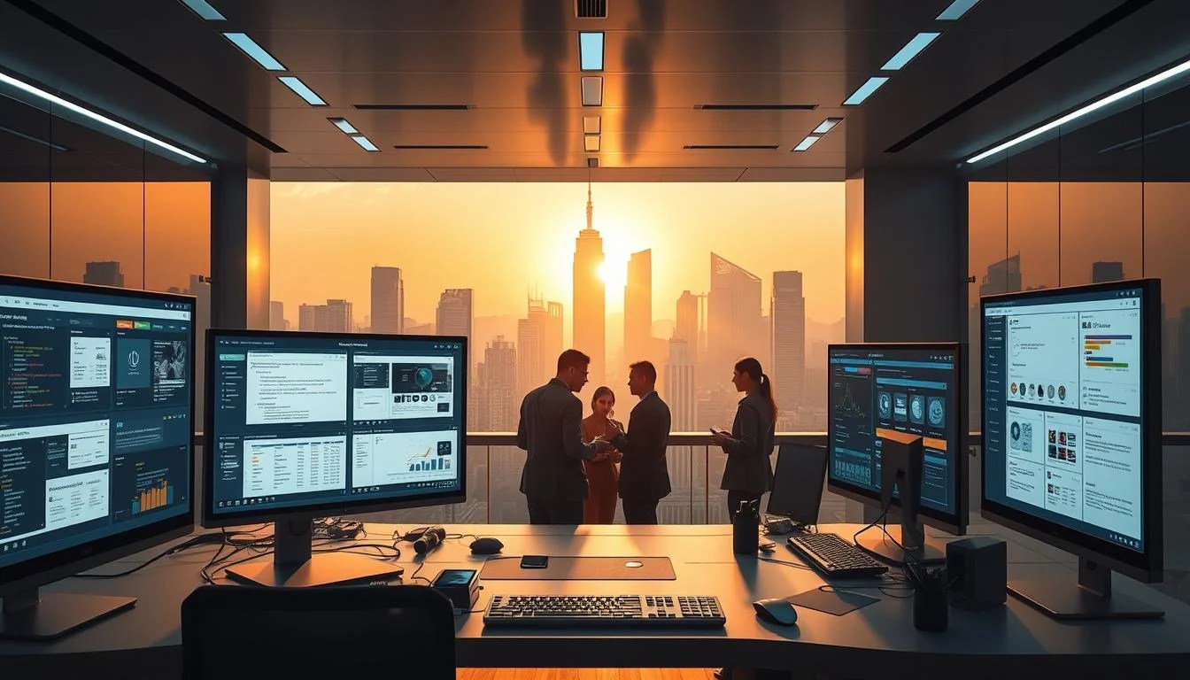 A sleek, futuristic workspace with an array of sophisticated digital tools. In the foreground, a high-tech desktop setup with an array of screens displaying various ChatGPT-powered automation scripts and dashboards. In the middle ground, a team of professionals collaborating on these tools, their faces obscured by the glow of the displays. In the background, a cityscape of gleaming skyscrapers, bathed in the warm glow of a setting sun. Precise, minimalist lighting casts dramatic shadows, conveying a sense of technological prowess and efficiency. The scene exudes a mood of innovation and productivity, reflecting the "Online tools for Marketing" brand.