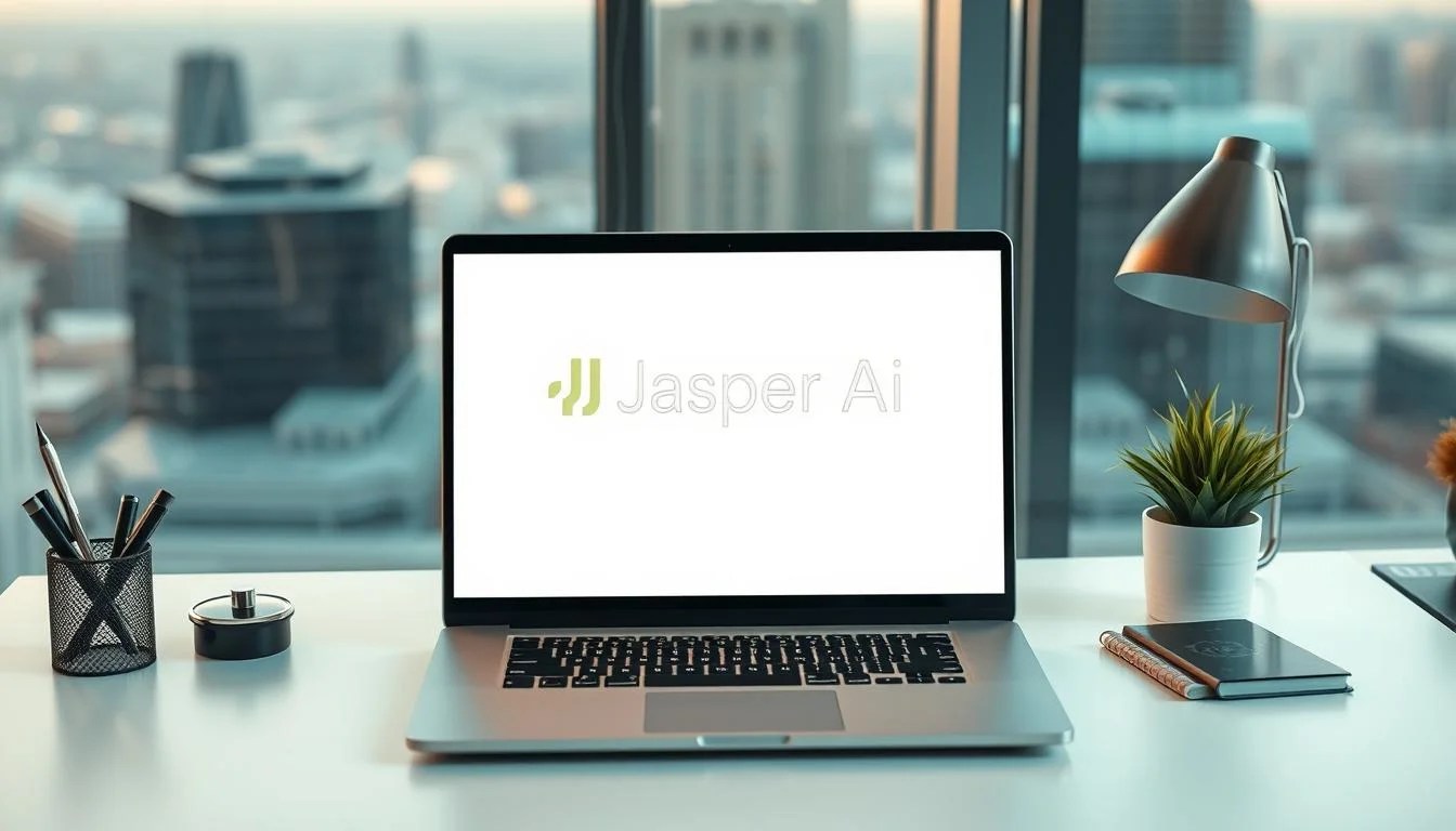 A sleek, minimalist desktop scene showcasing the Jasper AI logo prominently displayed on a laptop screen. The laptop is positioned on a clean, white workspace, surrounded by complementary office supplies like a pen holder, a stylish desk lamp, and a potted plant. Warm, diffused lighting from a large window creates a tranquil, focused atmosphere, drawing the viewer's attention to the Jasper AI interface. In the background, a blurred cityscape or elegant office environment hints at the professional, productivity-enhancing nature of the Jasper AI "Online tools for Marketing" solution.