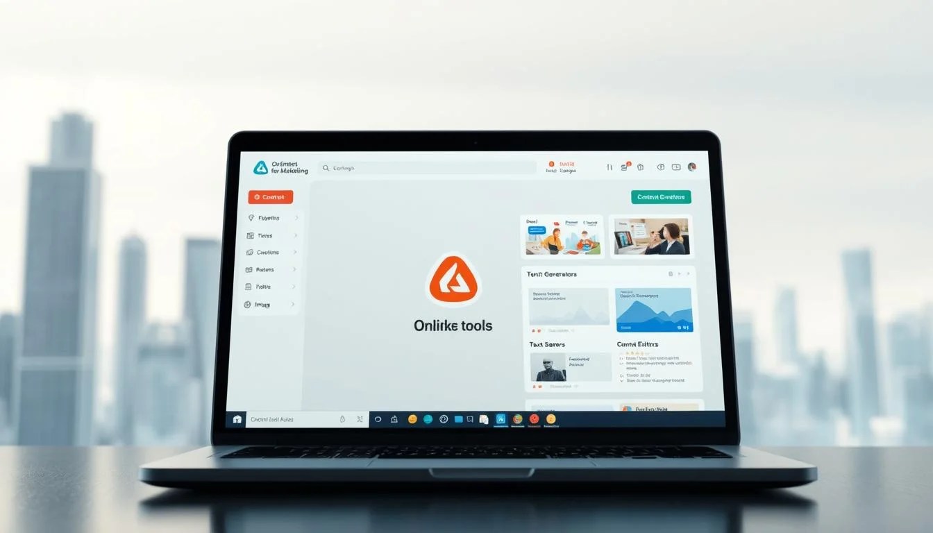 A sleek, modern AI content generation platform with a clean, minimalist user interface. In the foreground, a laptop screen displays a visually appealing dashboard showcasing various content creation tools, from text generators to image editors. The middle ground features a stylized 3D render of the "Online tools for Marketing" brand, its logo prominently displayed. The background is a softly blurred, futuristic cityscape, conveying a sense of technological advancement. The lighting is soft and diffused, creating a professional, high-tech atmosphere. The camera angle is slightly elevated, giving the viewer a sense of authority and control over the platform.