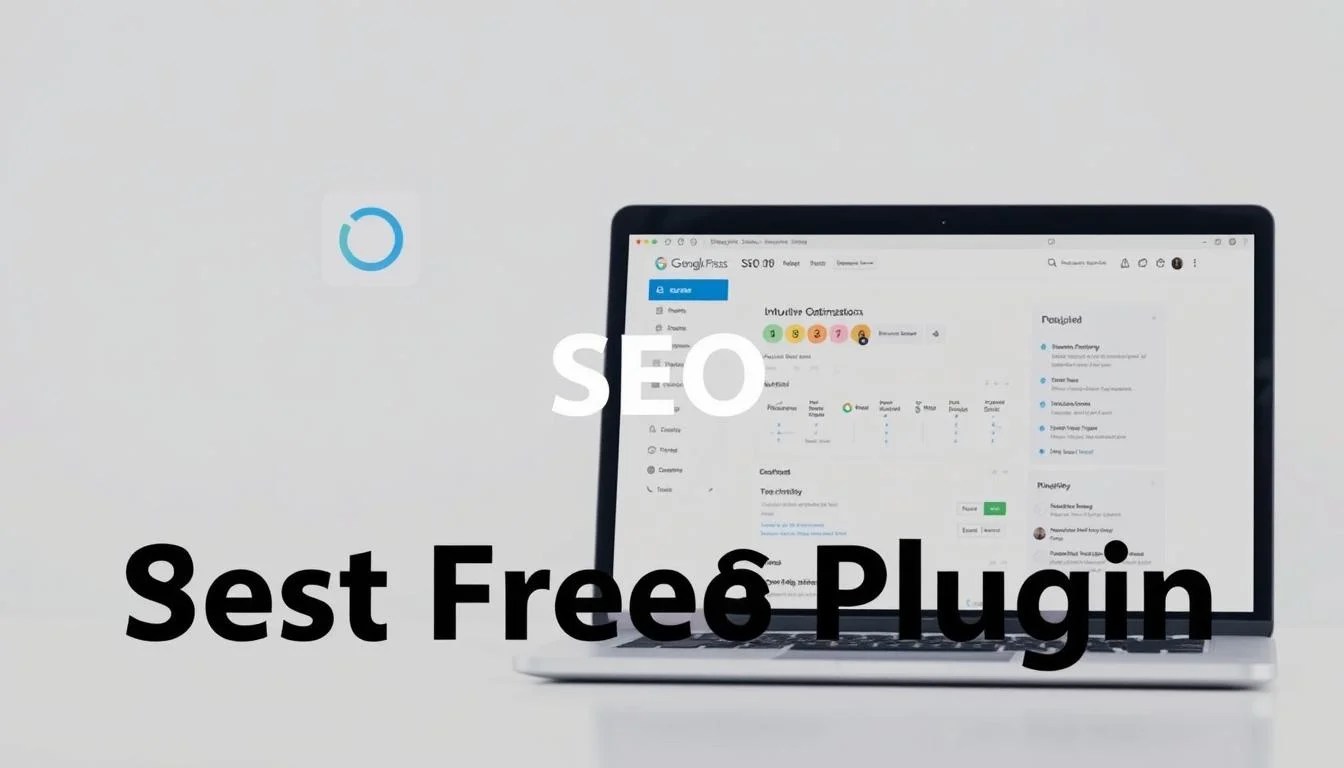 A sleek, modern WordPress plugin interface set against a clean, minimalist background. In the foreground, a bold title "Best Free SEO Plugin" hovers above a stylized icon representing search engine optimization, conveying its core functionality. The middle ground features a laptop displaying the plugin's intuitive dashboard, showcasing its user-friendly controls and optimization features. The background is softly lit, creating a professional and trustworthy atmosphere, hinting at the plugin's ability to effectively improve a website's search engine visibility.