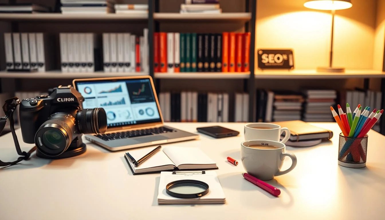 A sleek, modern office desk with various SEO optimization tools neatly arranged. In the foreground, a high-quality digital camera, a stylish laptop, and a smartphone display analytics dashboards. In the middle ground, a notebook, a pen, and a cup of coffee sit alongside a magnifying glass and a set of colorful highlighters. The background features shelves stocked with reference books on SEO, digital marketing, and web development, all bathed in warm, indirect lighting that creates a productive, focused atmosphere. A sleek, modern office desk with various SEO optimization tools neatly arranged. In the foreground, a high-quality digital camera, a stylish laptop, and a smartphone display analytics dashboards. In the middle ground, a notebook, a pen, and a cup of coffee sit alongside a magnifying glass and a set of colorful highlighters. The background features shelves stocked with reference books on SEO, digital marketing, and web development, all bathed in warm, indirect lighting that creates a productive, focused atmosphere.