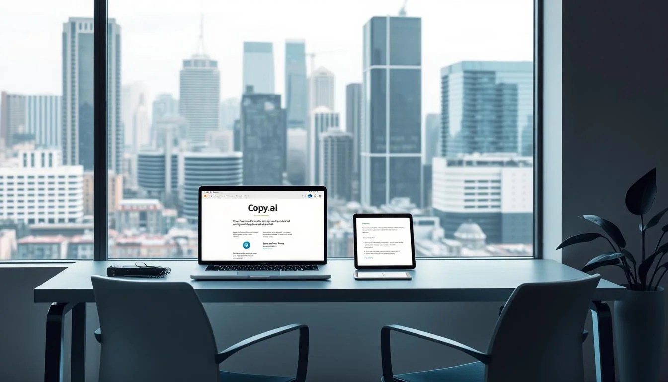 A sleek, modern office scene with a minimalist desk and chair arrangement. On the desk, a laptop and a tablet display the Copy.ai interface, showcasing its suite of AI-powered content writing tools. The foreground is well-lit, with soft, directional lighting casting subtle shadows. The background features a large window overlooking a bustling city skyline, lending an urban, professional atmosphere. The color palette is muted, with accents of blues and grays to convey a sense of technology and innovation. Online tools for Marketing are prominently featured, reflecting the article's focus on AI-assisted content creation.