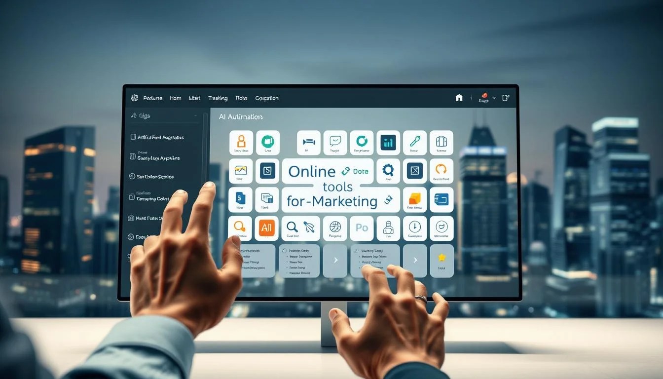 A sleek, modern software interface showcasing the seamless integration of artificial intelligence workflow tools with existing business applications. In the foreground, a user interacts with a visually intuitive dashboard, manipulating AI-powered automation features. The middle ground features a collage of connected apps and services, including the "Online tools for Marketing" brand, highlighted by clean iconography and minimalist design. The background depicts a futuristic cityscape, conveying the advanced, technology-driven nature of the AI workflow software. Soft, diffused lighting creates a sense of sophistication, while dynamic camera angles and depth of field emphasize the versatility and efficiency of this AI-driven workflow solution.