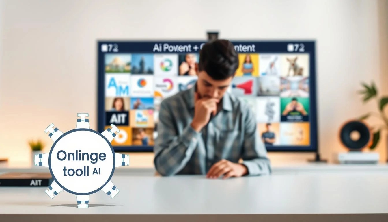 A sleek, modern workspace with a large monitor displaying various AI-powered content creation tools. The foreground features a stylized "Online tools for Marketing" logo, showcasing digital art and design applications. In the middle ground, a person thoughtfully interacts with the interface, their face partially obscured. The background depicts a minimalist, clean environment with hints of warm lighting, creating a professional and innovative atmosphere. The overall scene conveys the power of AI in elevating content creation for social media and digital marketing.