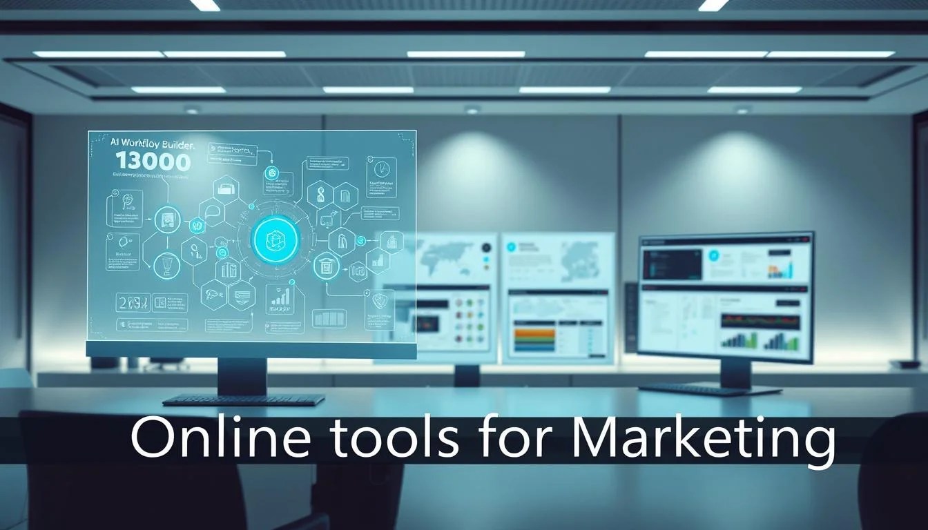 A sleek, modern workspace with an array of AI workflow builder tools. In the foreground, a holographic interface displays intricate process diagrams, while intuitive control panels and customizable dashboards occupy the middle ground. The background features a minimalist, tech-inspired environment with subtle lighting accents, creating an atmosphere of efficiency and innovation. The "Online tools for Marketing" branding is seamlessly integrated, lending a professional and polished aesthetic to the scene.