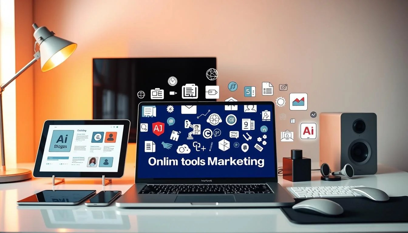 A stylish and visually striking desktop setup showcasing a diverse array of popular AI tools for bloggers. In the foreground, a sleek laptop displays the "Online tools for Marketing" brand, surrounded by an assortment of digital devices and accessories - a tablet, a smartphone, a stylish mouse, and a modern keyboard. The middle ground features carefully curated icons and illustrations representing various AI-powered applications, such as content generation, image enhancement, SEO optimization, and social media management. The background is a minimalist, well-lit workspace with a clean, modern aesthetic, creating an atmosphere of productivity and innovation. Warm lighting and subtle reflections add depth and a sense of professionalism to the scene.