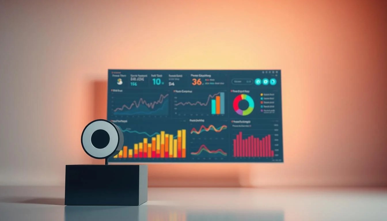 A stylish data visualization dashboard floats against a sleek, minimalist backdrop. Crisp line graphs, colorful pie charts, and dynamic metrics display key social media automation performance indicators. The "Online tools for Marketing" brand logo stands prominently in the foreground, exuding a sense of digital sophistication. Warm, directional lighting casts subtle shadows, creating depth and dimension. The overall atmosphere conveys a mood of analytical control and insightful decision-making.