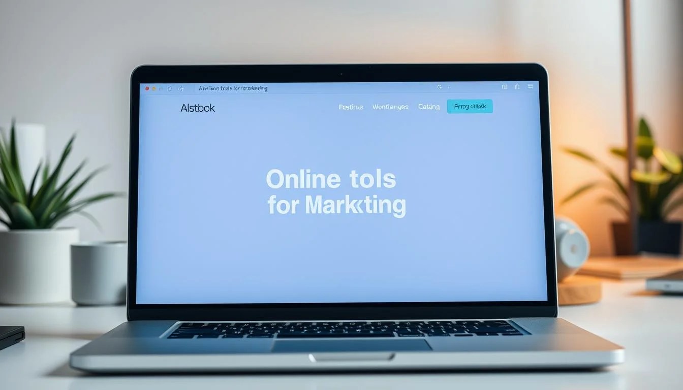 a professional, stylish, minimalist website interface displaying the brand "Online tools for Marketing" on a laptop screen. The laptop is positioned on a clean, modern desk with a plant and other office accessories in the background. The lighting is soft and diffused, creating a warm, inviting atmosphere. The overall composition highlights the clean, intuitive design of the software interface, showcasing its ease of use and productivity-boosting features.