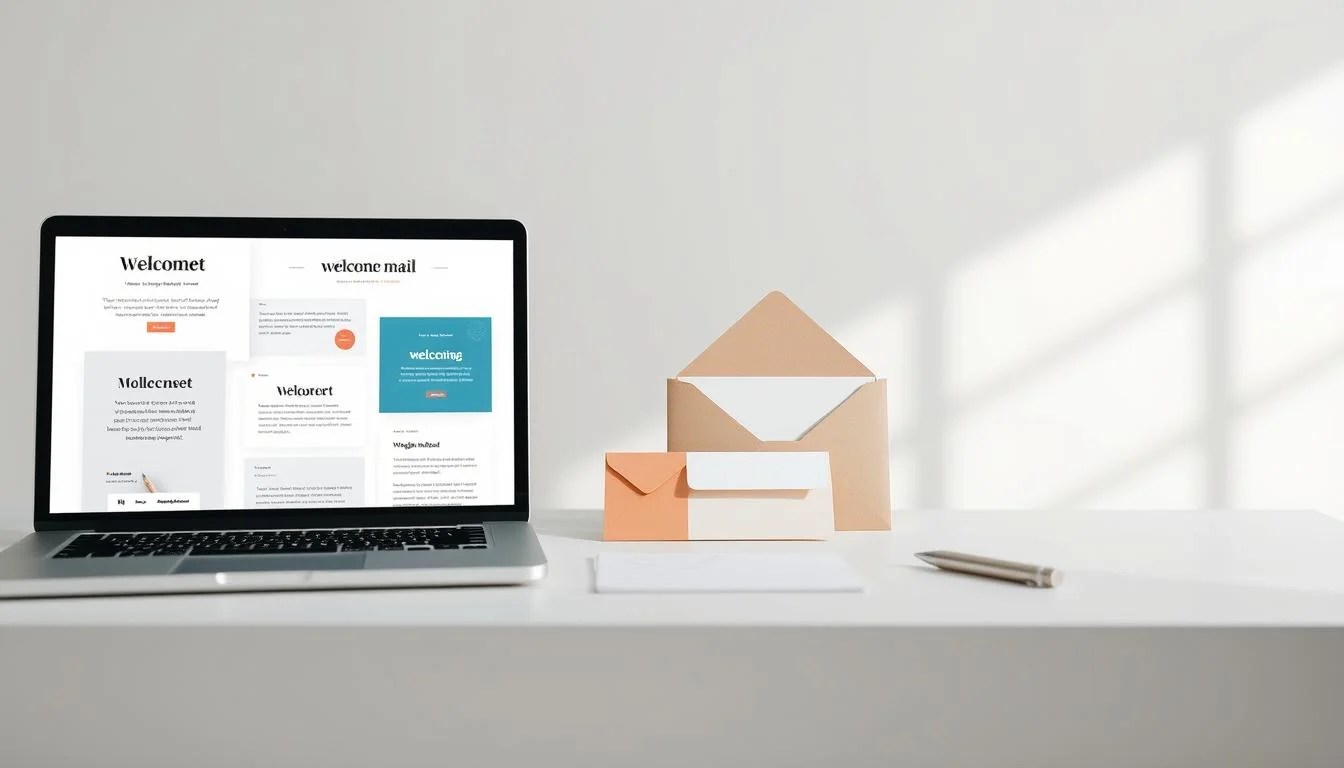A clean, minimalist composition showcasing a selection of welcome email templates. In the foreground, a laptop screen displays various email layouts, each with a modern, typographic design and a warm, friendly tone. The middle ground features stationery elements like envelopes, notecards, and a pen, all in a cohesive color palette. The background is softly blurred, creating a serene, professional atmosphere with muted tones and natural lighting from a large window. The overall scene conveys the key elements of effective welcome emails - a welcoming, personalized approach that makes a strong first impression.
