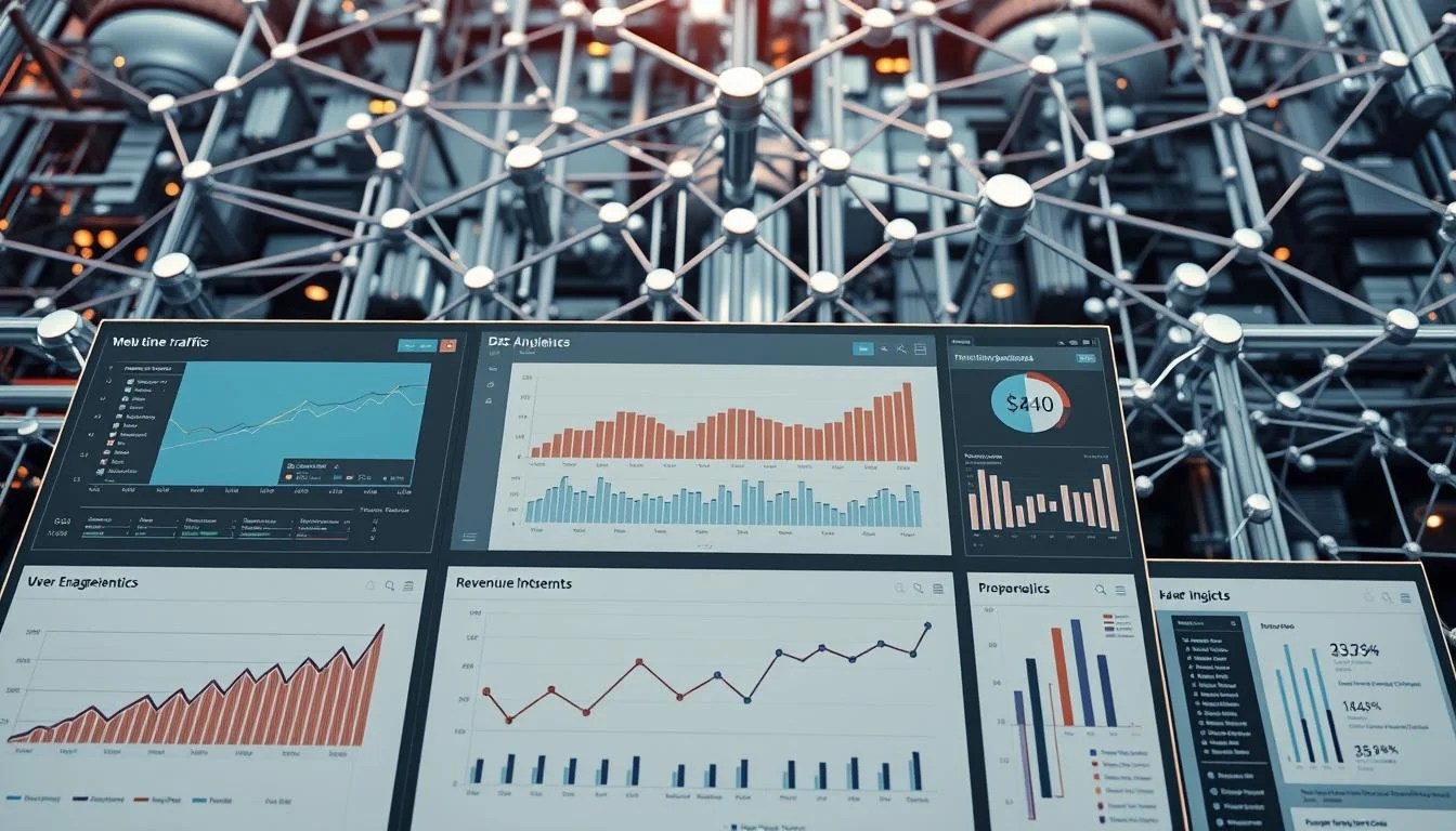 A detailed aerial view of a modern data analytics dashboard, showcasing multiple data streams flowing seamlessly into a centralized platform. The foreground features intuitive visualizations and interactive charts, depicting real-time web traffic, user engagement metrics, and revenue insights. The middle ground displays a sleek, minimalist interface with clean lines and a muted color palette, creating a sense of efficiency and professionalism. In the background, a network of interconnected nodes and data pipelines represents the complex infrastructure powering the GA4 data ecosystem, bathed in a soft, warm lighting that conveys the overall sense of power and sophistication. A detailed aerial view of a modern data analytics dashboard, showcasing multiple data streams flowing seamlessly into a centralized platform. The foreground features intuitive visualizations and interactive charts, depicting real-time web traffic, user engagement metrics, and revenue insights. The middle ground displays a sleek, minimalist interface with clean lines and a muted color palette, creating a sense of efficiency and professionalism. In the background, a network of interconnected nodes and data pipelines represents the complex infrastructure powering the GA4 data ecosystem, bathed in a soft, warm lighting that conveys the overall sense of power and sophistication.