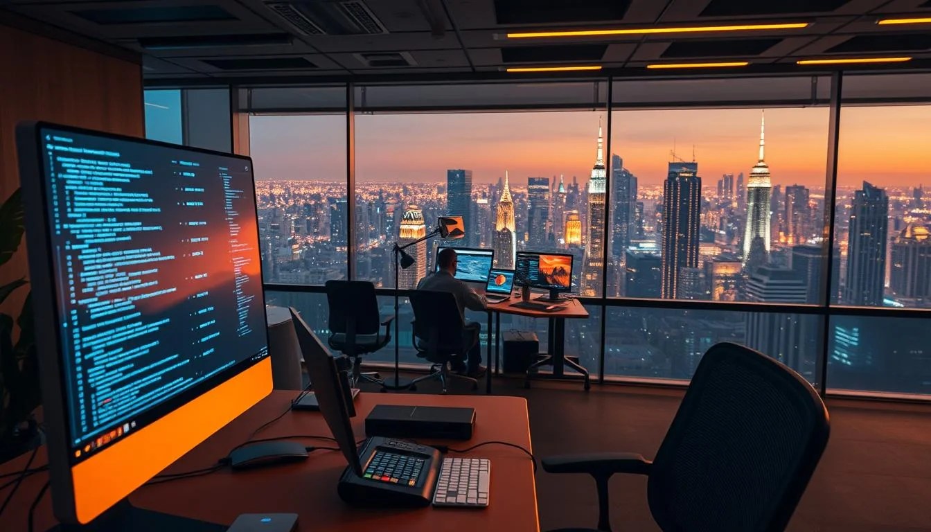A detailed, captivating landscape of an AI-powered web design studio. In the foreground, a sleek, modern workstation with a computer screen displaying lines of code and AI-generated wireframes. The middle ground features a team of designers and developers collaborating on a project, immersed in an array of high-tech tools and screens. The background showcases a panoramic view of a bustling city skyline, hinting at the far-reaching impact of AI-driven web design. Warm, ambient lighting casts a soft glow, creating a serene and productive atmosphere. The scene conveys the seamless integration of artificial intelligence into the web design process, elevating the role of SEO and optimizing the user experience.