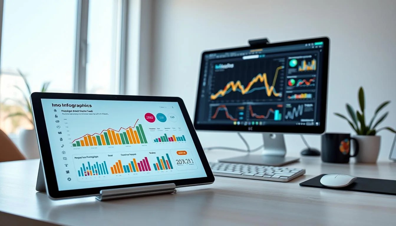 A digital workspace with an array of modern infographic design tools. In the foreground, a sleek tablet displays a vibrant, data-driven infographic with clean lines and bold typography. In the middle ground, an ergonomic computer setup features a high-resolution monitor, a stylus-enabled drawing tablet, and a minimalist keyboard. The background showcases a soothing, minimalist environment with a large window that lets in natural light, creating a sense of openness and inspiration. The lighting is soft and balanced, highlighting the sharp lines and vivid colors of the digital tools. The overall mood is one of productivity, creativity, and visual clarity, perfectly suited for creating captivating infographics.