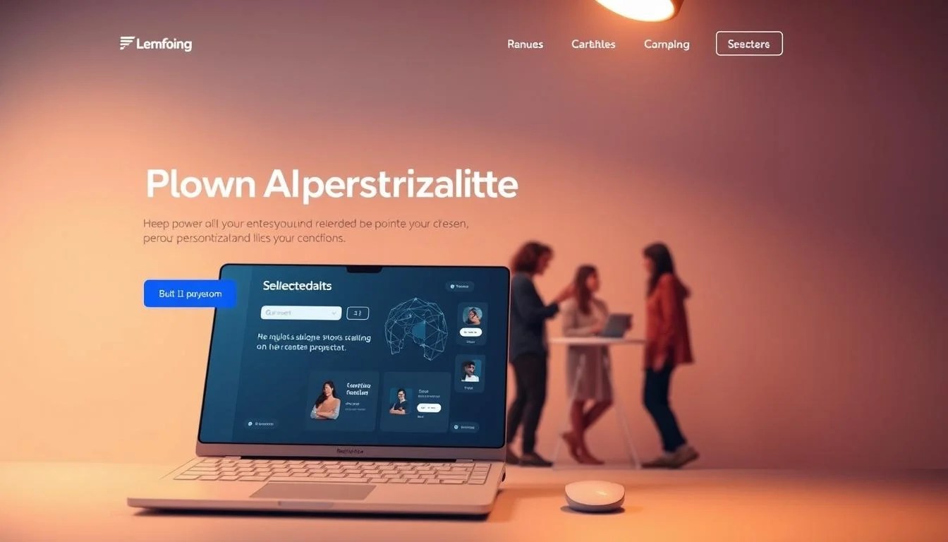 A modern and minimalist landing page showcasing the power of AI personalization. In the foreground, a clean, responsive user interface with dynamic elements that adapt to the viewer's interests and behaviors. In the middle ground, a group of diverse user personas interacting with the page, their experiences tailored to their unique needs. The background features a subtle gradient or geometric pattern, hinting at the complex algorithms and data processing powering the AI-driven personalization. Warm, soft lighting illuminates the scene, creating a sense of calm and approachability. The overall mood is one of effortless efficiency, where technology seamlessly enhances the user's journey.