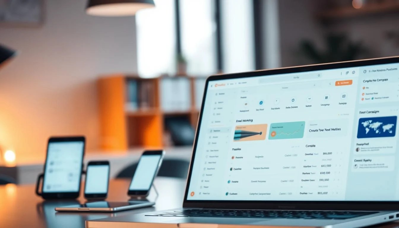 A sleek and modern email marketing platform interface, with a clean and intuitive dashboard showcasing key metrics and campaign management tools. The foreground features a laptop or desktop computer display, with a minimalist design and a focus on user-friendly navigation. The middle ground includes various digital devices such as smartphones and tablets, representing the platform's cross-device functionality. The background features a softly blurred office or workspace setting, with subtle lighting and warm tones to convey a professional and productive atmosphere. The overall scene should evoke a sense of efficiency, organization, and the power of email marketing to grow a business.