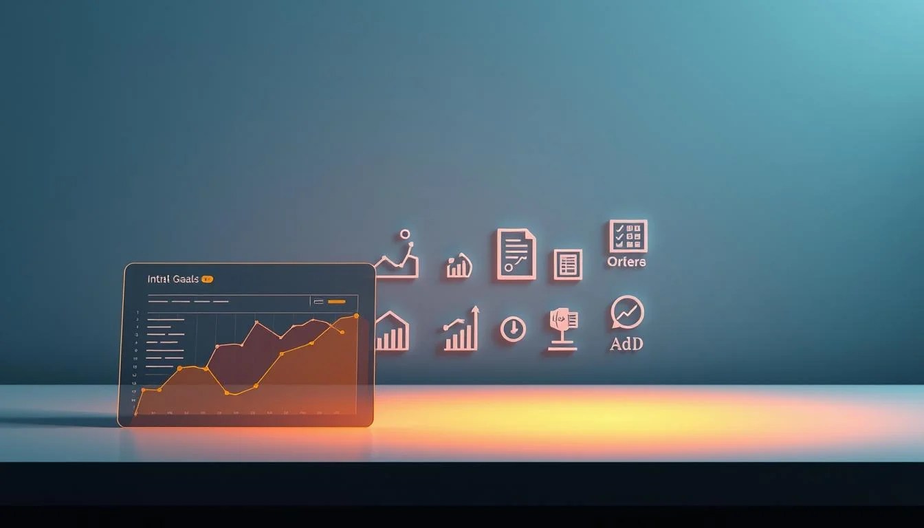 A sleek, minimalist composition showcasing the key components of GA4 goals and conversions. In the foreground, a stylized graph or dashboard displays insightful metrics and analytics, bathed in a warm, ambient light. In the middle ground, elegant icons and visualizations represent the different conversion types and goals, artfully arranged. The background features a subtle, textured gradient in shades of blue and gray, evoking the professionalism and sophistication of modern data analytics. The overall mood is one of clarity, precision, and the power of data-driven decision making.