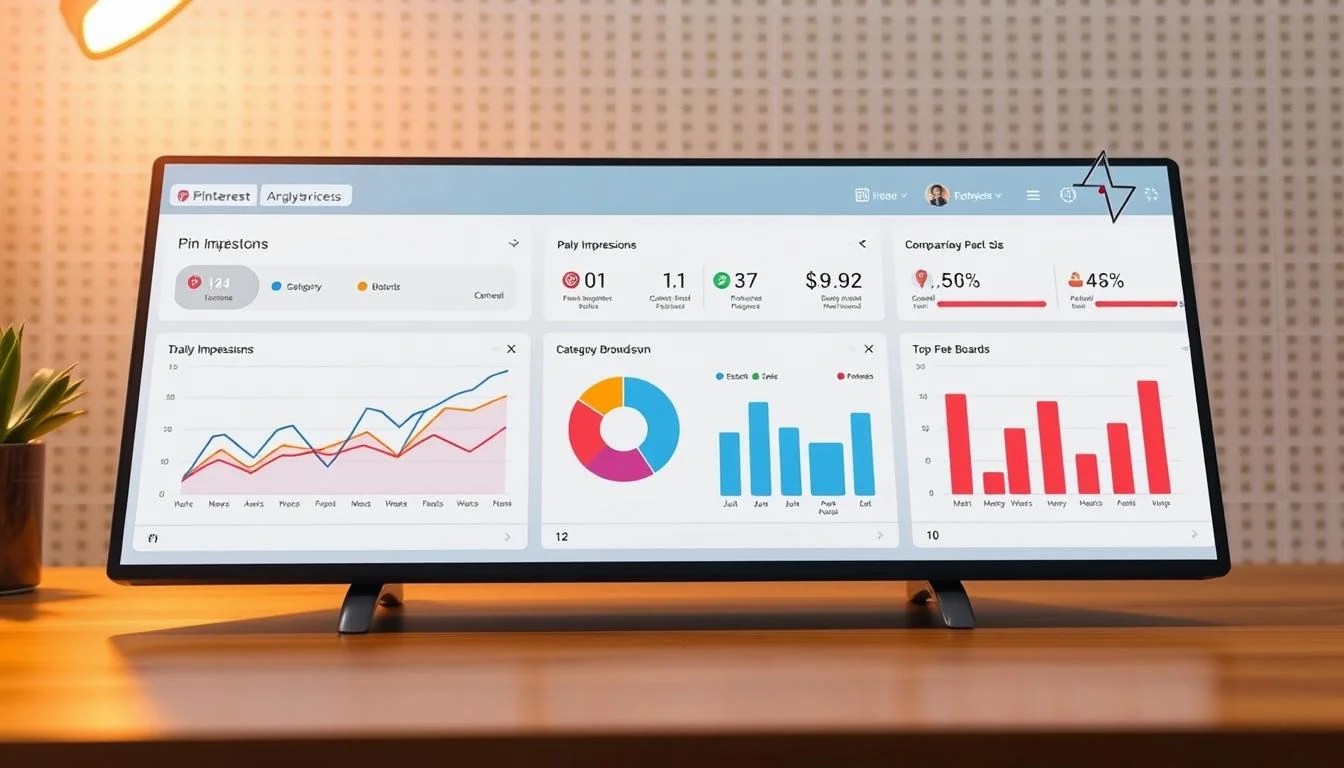 A sleek, minimalist dashboard displaying real-time Pinterest analytics data. The foreground features colorful charts and graphs, including a line graph tracking daily pin impressions, a pie chart visualizing category breakdown, and a bar chart comparing top-performing boards. The middle ground showcases a clean, white interface with intuitive data visualization tools. The background has a subtle grid pattern, evoking a sense of order and organization. Warm, diffused lighting creates a professional, tech-savvy atmosphere. The overall look is modern, streamlined, and focused on delivering actionable insights to optimize a Pinterest marketing strategy. A sleek, minimalist dashboard displaying real-time Pinterest analytics data. The foreground features colorful charts and graphs, including a line graph tracking daily pin impressions, a pie chart visualizing category breakdown, and a bar chart comparing top-performing boards. The middle ground showcases a clean, white interface with intuitive data visualization tools. The background has a subtle grid pattern, evoking a sense of order and organization. Warm, diffused lighting creates a professional, tech-savvy atmosphere. The overall look is modern, streamlined, and focused on delivering actionable insights to optimize a Pinterest marketing strategy.