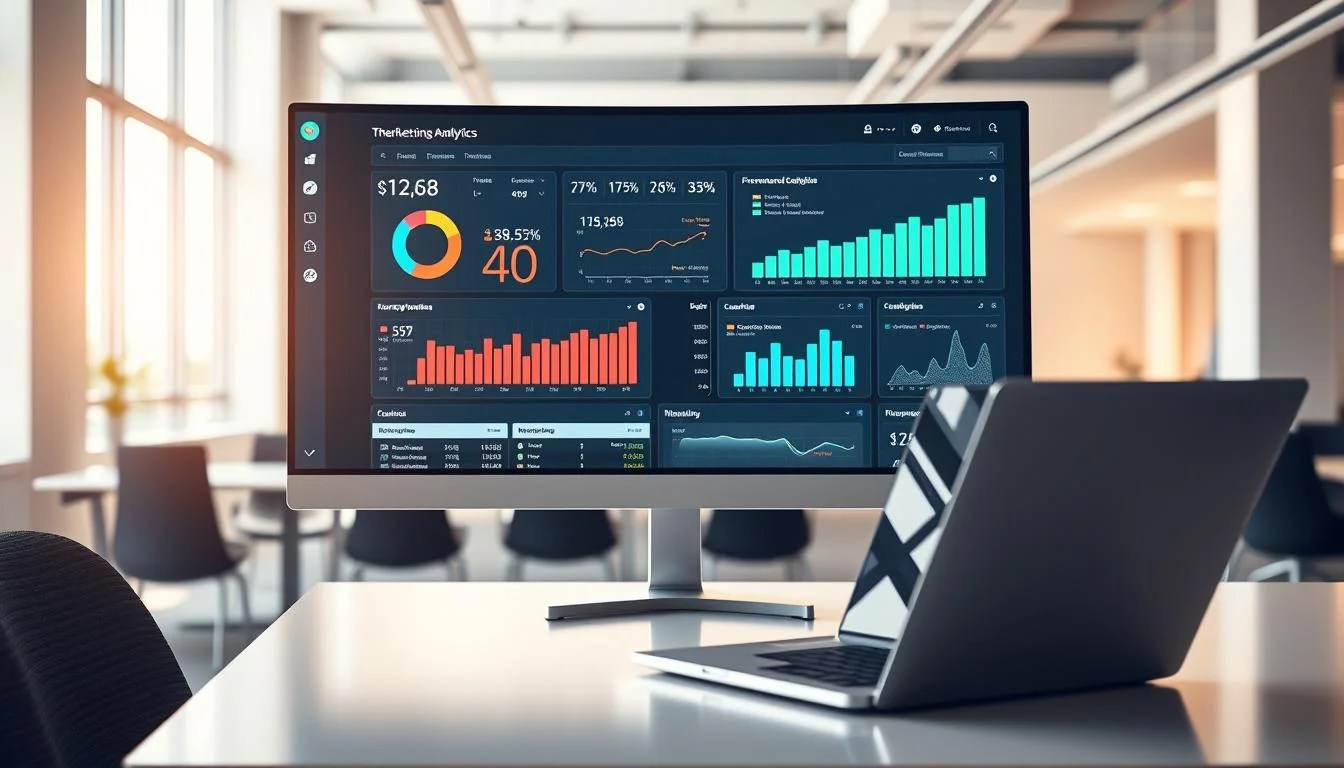 A sleek, modern dashboard showcasing advanced marketing analytics. In the foreground, a computer monitor displays a visually-stunning, data-rich interface with interactive charts, graphs, and metrics tracking key performance indicators. The middle ground features a sophisticated laptop with a minimalist design, seamlessly integrating with the overall aesthetic. The background is a clean, well-lit office space with floor-to-ceiling windows, casting a warm, natural light on the scene. The overall mood is one of efficiency, clarity, and the power of data-driven decision making, perfectly capturing the benefits of using AI in marketing.