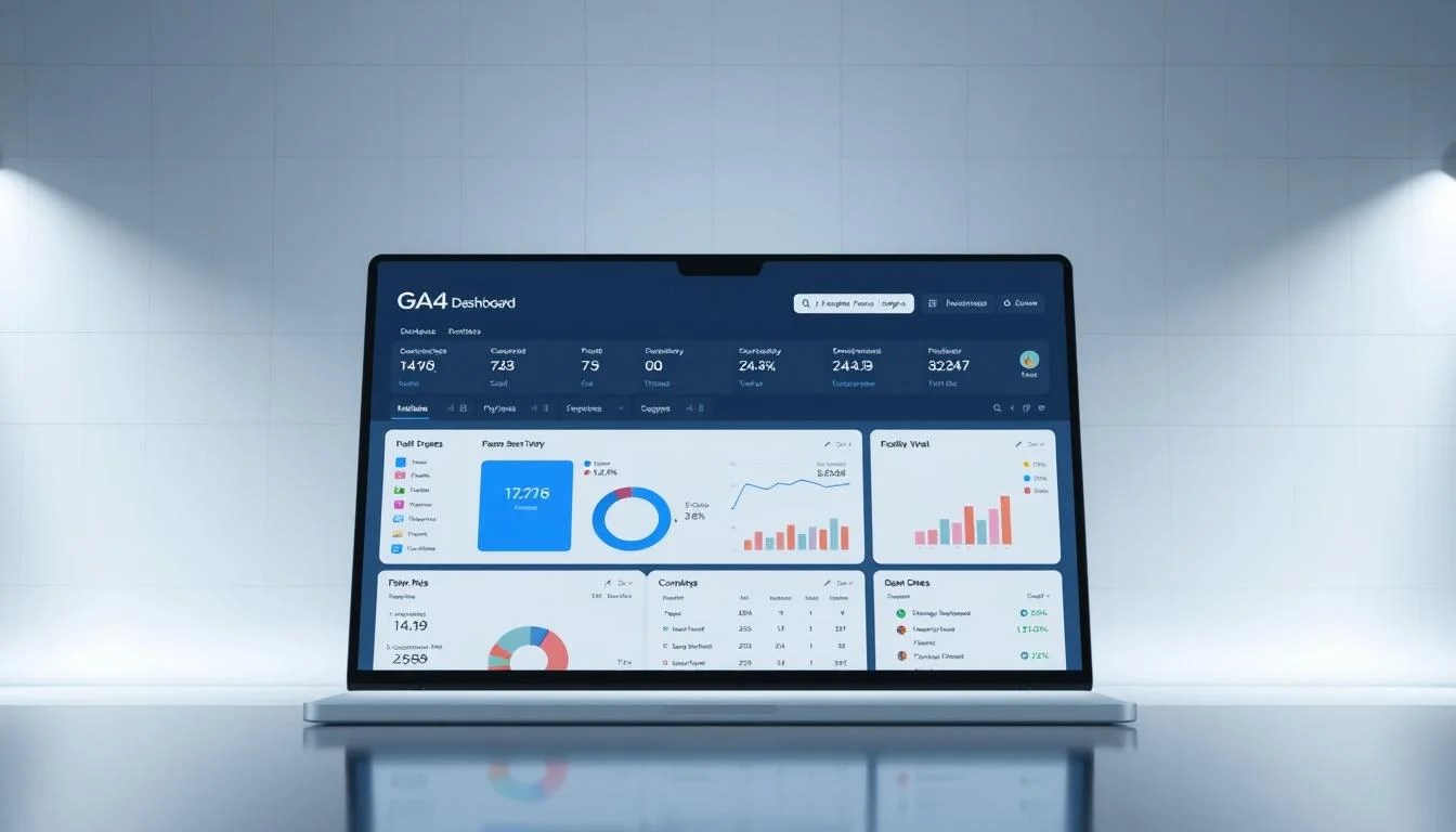 A sleek, modern interface with a clean, minimalist design. The GA4 dashboard is prominently displayed, showcasing key metrics and analytics in a visually appealing layout. The background features a subtle grid pattern, lending a sense of structure and organization. Soft, directional lighting illuminates the screen, creating depth and highlighting important elements. The overall tone is professional, informative, and easy to navigate, reflecting the intuitive and powerful nature of the GA4 platform.
