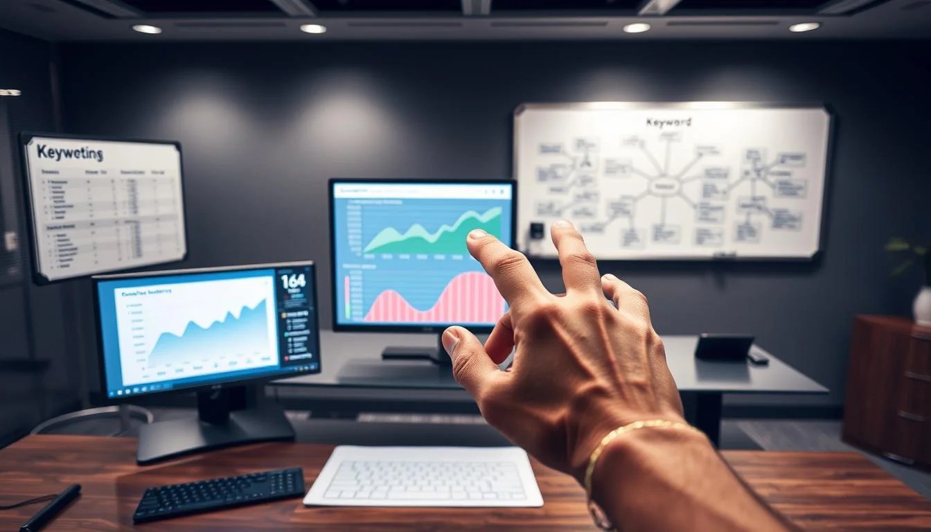 A sleek, modern office setting with a large desk and two computer monitors displaying competitor keyword data. In the foreground, a hand gestures towards the screens, highlighting key metrics and insights. The middle ground features a stylized graph or chart visualizing the competitive keyword landscape. In the background, a wall-mounted whiteboard displays a mind map of related keywords and strategic notes. Subtle lighting emphasizes the authoritative and analytical nature of the scene. The overall mood is one of focused, data-driven decision-making. A sleek, modern office setting with a large desk and two computer monitors displaying competitor keyword data. In the foreground, a hand gestures towards the screens, highlighting key metrics and insights. The middle ground features a stylized graph or chart visualizing the competitive keyword landscape. In the background, a wall-mounted whiteboard displays a mind map of related keywords and strategic notes. Subtle lighting emphasizes the authoritative and analytical nature of the scene. The overall mood is one of focused, data-driven decision-making.