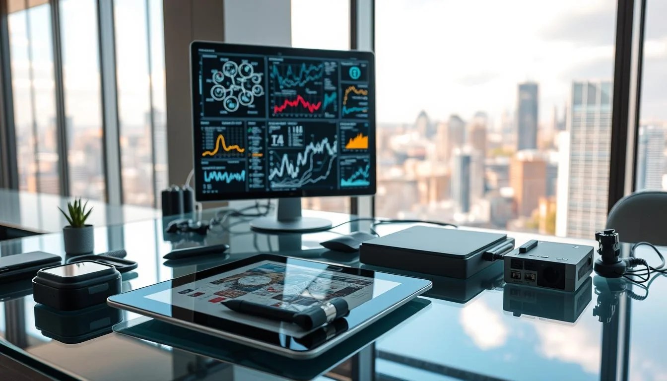 A sleek, modern workspace with various AI-powered content repurposing tools laid out neatly on a glass desk. In the foreground, a tablet and stylus interface showcases intuitive content curation and editing capabilities. In the middle ground, a desktop computer displays complex algorithms and data visualizations, hinting at the advanced analytics powering the repurposing process. The background features floor-to-ceiling windows, letting in warm, natural light and offering a panoramic view of a bustling city skyline, symbolizing the expansive potential of AI-driven content repurposing. The overall atmosphere conveys a sense of technological sophistication, efficiency, and limitless creativity.