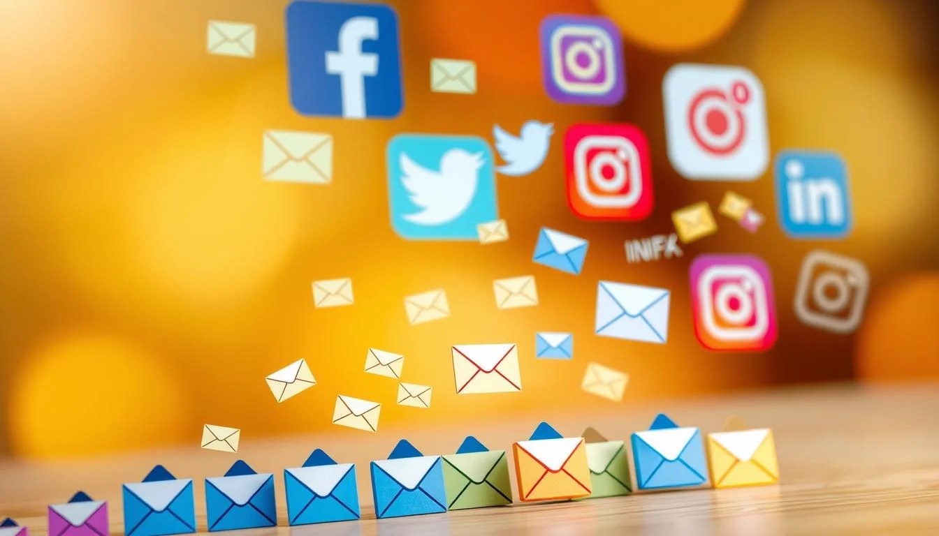 A social media feed featuring a vibrant array of icons and graphics, symbolizing the growth of an email subscriber list. In the foreground, a series of colorful email envelope icons cascade downward, each representing a new subscriber. The middle ground showcases various social media platform logos, such as Facebook, Twitter, and Instagram, highlighting the diverse channels used to attract and convert followers into email subscribers. The background features a soft, blurred gradient of warm hues, creating a sense of depth and movement. Lighting is diffused and natural, with a touch of subtle highlights accentuating the dynamic elements. The overall composition conveys a sense of organic, exponential growth, reflecting the success of leveraging social media to grow an email list.