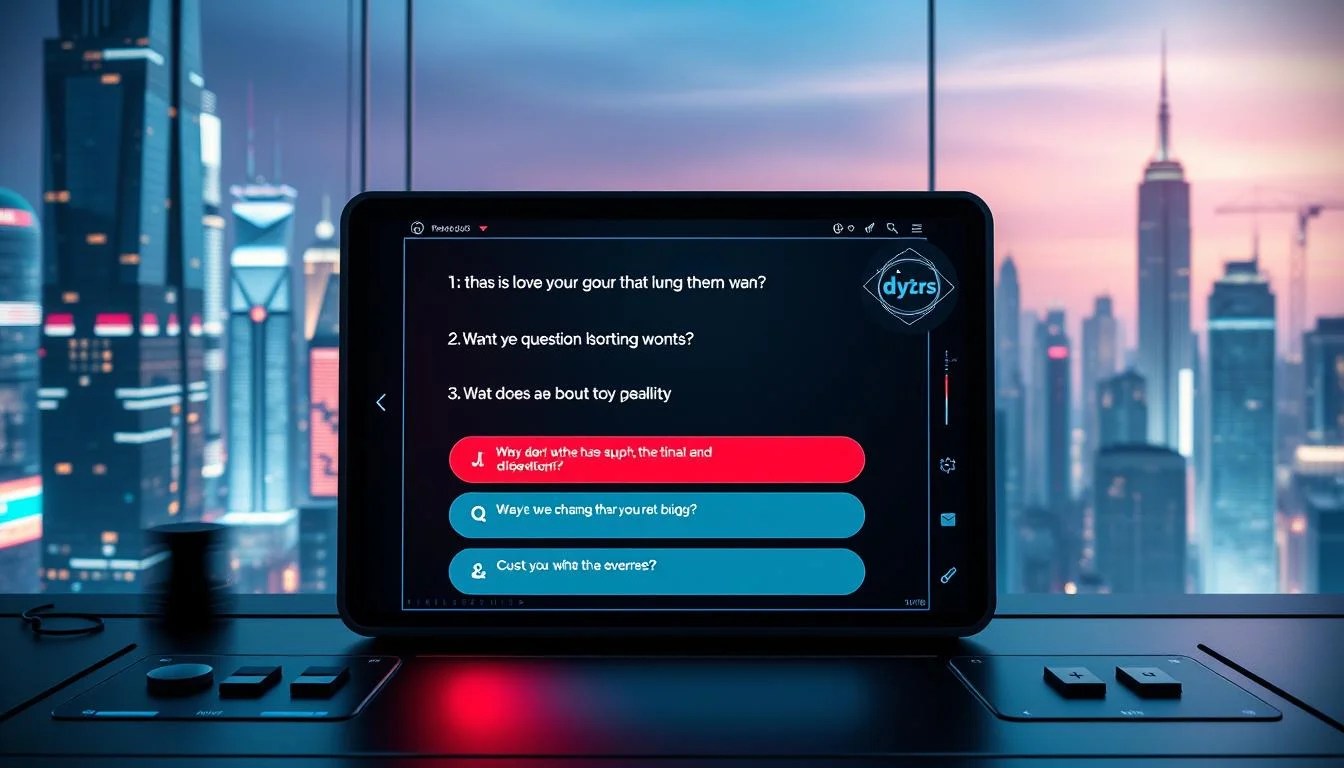 A vibrant, engaging quiz interface set against a sleek, futuristic digital backdrop. In the foreground, an interactive quiz screen presents a series of thought-provoking questions, designed to captivate and inform the viewer. The midground features a minimalist control panel, with sliding toggles and holographic data visualizations, hinting at the sophisticated technology powering the experience. The background showcases a cityscape of towering skyscrapers and glowing neon lights, creating a sense of urban dynamism and technological advancement. The overall mood is one of modern sophistication, blending entertainment and education seamlessly.