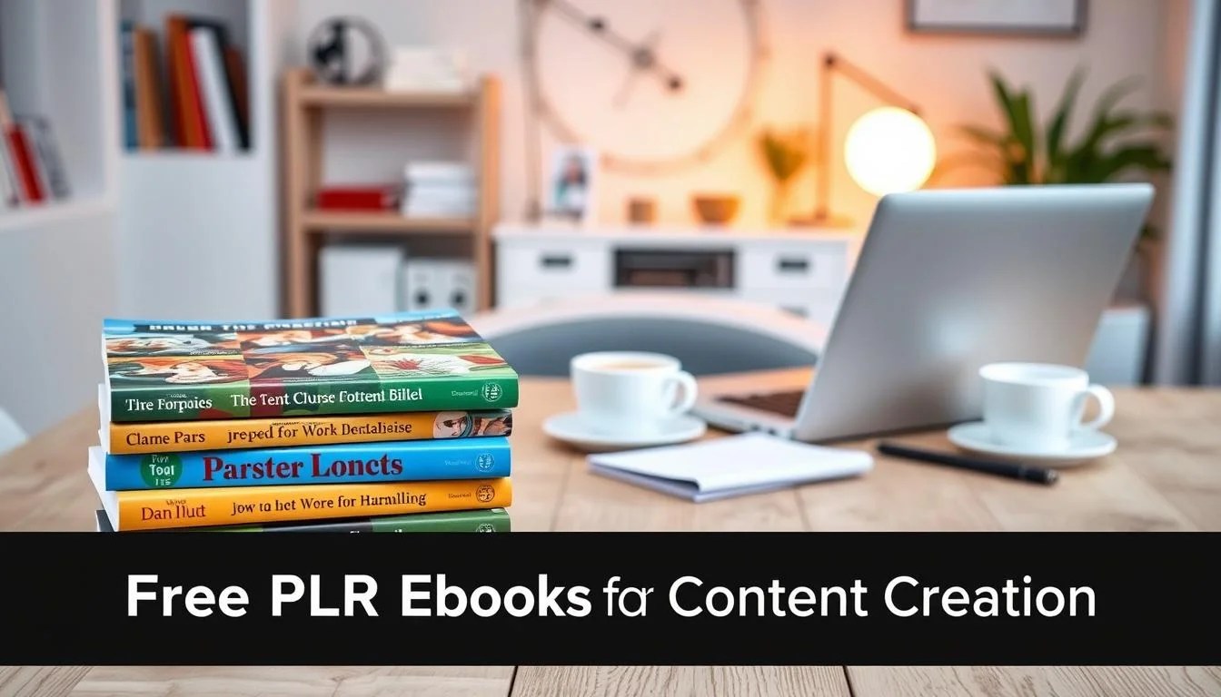An inspirational image showcasing a collection of free PLR eBooks for content creation. In the foreground, a stack of colorful eBook covers with captivating titles and vibrant illustrations. The middle ground features a softly lit workspace with a laptop, a cup of coffee, and a pen and notebook, suggesting the process of utilizing these resources. The background depicts a cozy, modern home office setting with warm lighting and minimalist decor, creating an atmosphere of productivity and creativity. The overall scene conveys the idea of effortlessly accessing a wealth of digital content to enrich one's own content creation efforts.