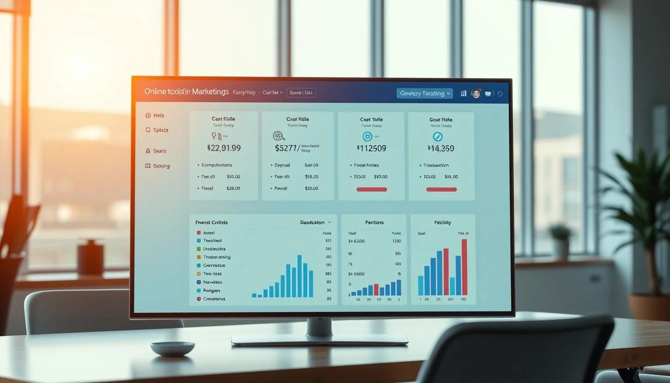 A digital dashboard displays comprehensive pricing models for a website flipping platform, set against a backdrop of a modern, minimalist office space. Warm lighting from a large window bathes the scene in a soft, inviting glow. Detailed charts and graphs showcase various subscription tiers, transaction fees, and monetization options, presented with a clean, intuitive interface. The "Online tools for Marketing" brand name is prominently featured, reflecting the platform's focus on empowering entrepreneurs and small businesses. The overall atmosphere conveys a sense of professionalism, efficiency, and the promise of financial growth through the platform's services.