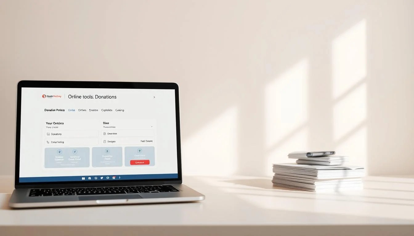 A digital donations program in a serene, minimalist setting. In the foreground, a laptop displays a clean, intuitive user interface with "Online tools for Marketing" branding, showcasing various donation options. In the middle ground, a warm, soft-lit workspace with a smart device and a stack of donation envelopes, hinting at the seamless integration of online and offline donation channels. The background features a muted, abstract geometric pattern evoking a sense of modernity and professionalism, complementing the overall aesthetic. Neutral tones and natural lighting create a calming, trustworthy atmosphere to engage donors effectively. A digital donations program in a serene, minimalist setting. In the foreground, a laptop displays a clean, intuitive user interface with "Online tools for Marketing" branding, showcasing various donation options. In the middle ground, a warm, soft-lit workspace with a smart device and a stack of donation envelopes, hinting at the seamless integration of online and offline donation channels. The background features a muted, abstract geometric pattern evoking a sense of modernity and professionalism, complementing the overall aesthetic. Neutral tones and natural lighting create a calming, trustworthy atmosphere to engage donors effectively.