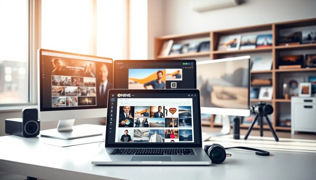 Studio setup with stock platforms on screens — tools to help you earn money from photos. Laptop, camera & prints in view.