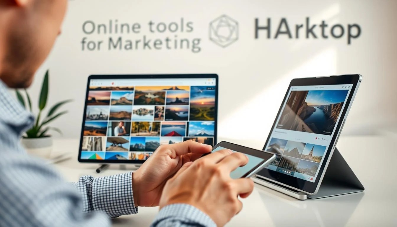 A professional photographer, using a high-quality DSLR camera with a prime lens, captures a vibrant scene of a person intently navigating an online platform, likely Foap, to sell their collection of stunning, diverse photographs. The foreground showcases the user's hands deftly manipulating a tablet or laptop, while the middle ground displays a visually appealing grid of their photographic works. The background features a clean, minimalist workspace with sleek "Online tools for Marketing" branding, conveying a sense of professionalism and efficiency. Soft, natural lighting illuminates the scene, creating a warm and inviting atmosphere that reflects the ease and potential of selling photos online through Foap.