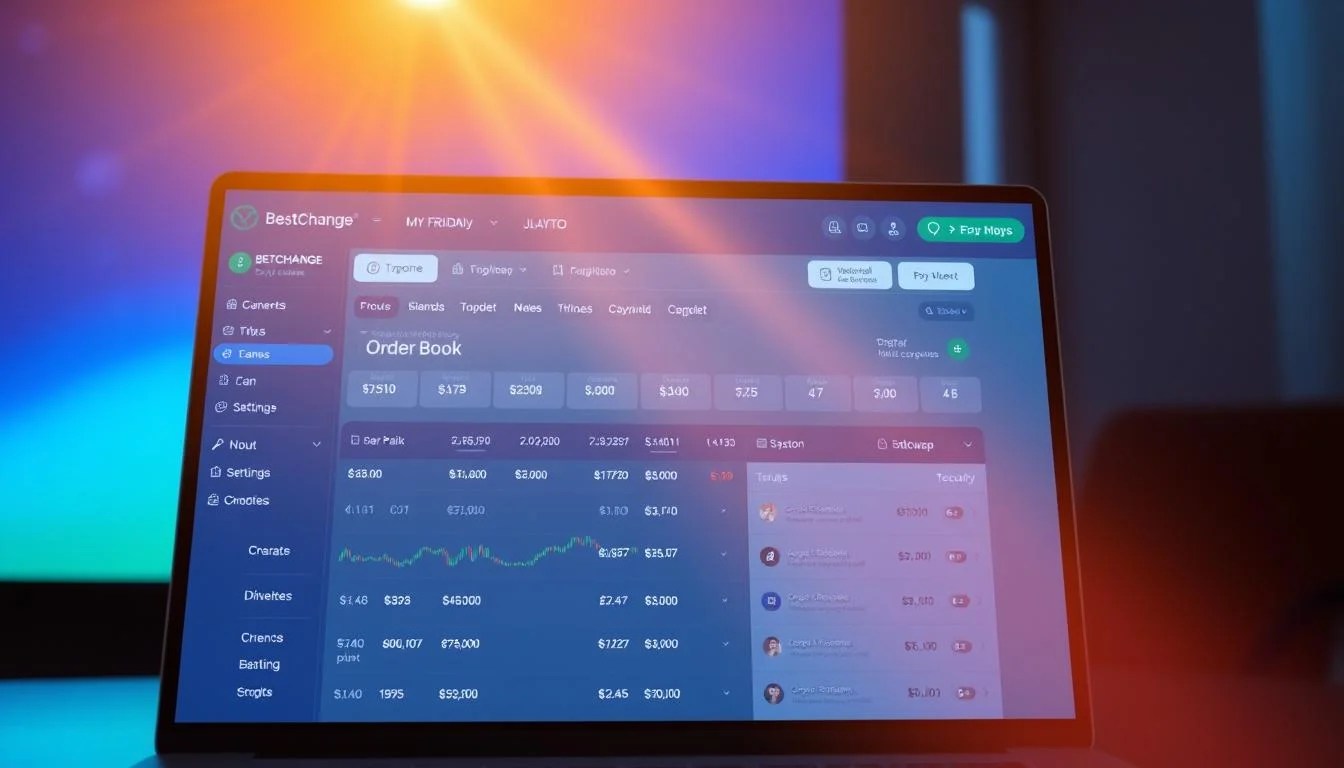 A professional, user-friendly interface of the BestChange cryptocurrency exchange platform. In the foreground, a clean, intuitive dashboard displays crypto trading pairs, real-time prices, and order book. In the middle ground, a sleek, minimalist design highlights key features like currency conversion, transaction history, and security settings. The background features a subtle gradient of blues and greens, conveying a sense of trust, reliability, and technological sophistication. Bright, directional lighting casts a warm glow across the screen, creating a polished, inviting atmosphere. The overall impression is of a sophisticated, easy-to-navigate platform for managing crypto assets. Online tools for Marketing.