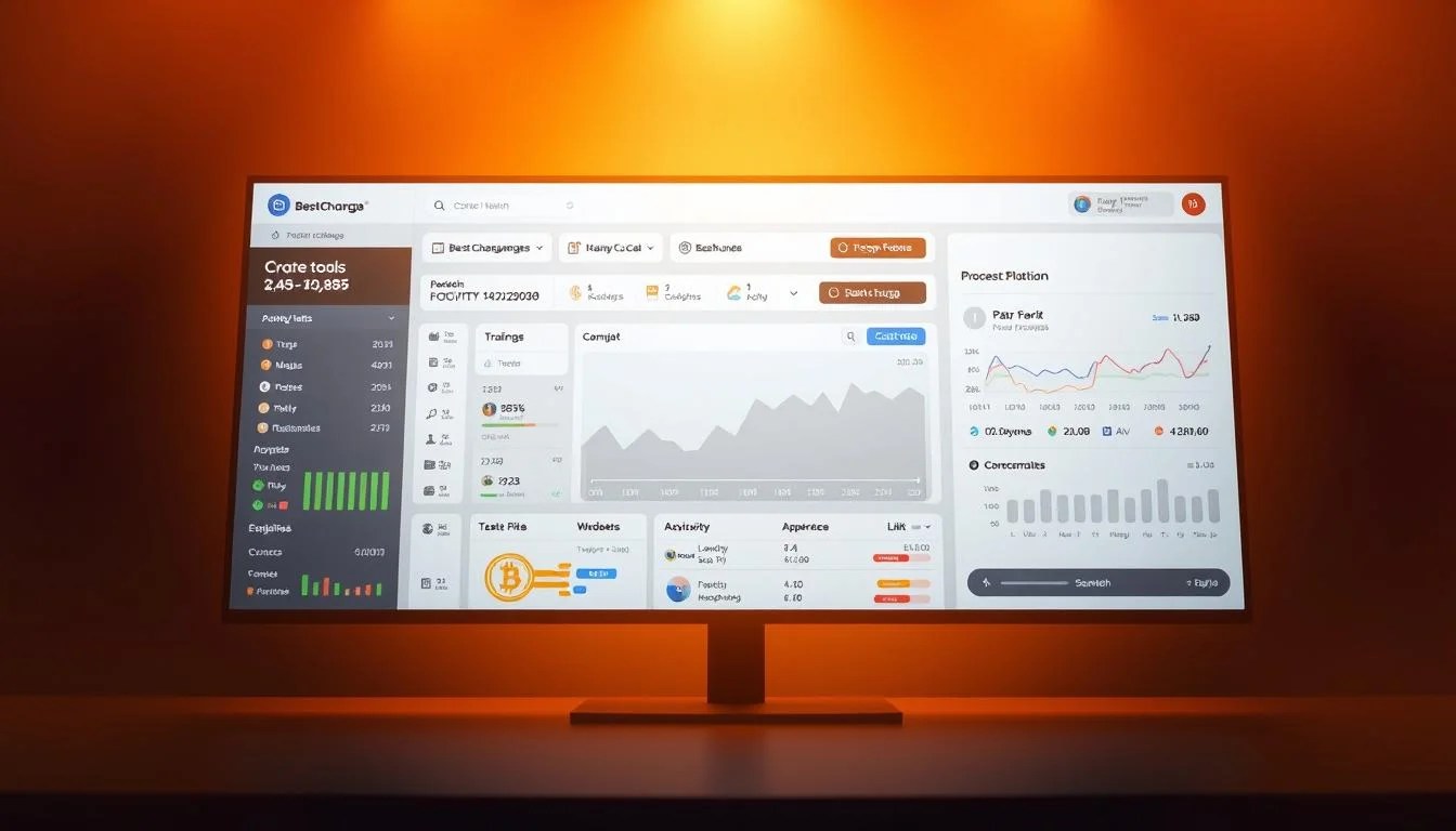A sleek and modern dashboard interface showcasing the BestChange platform, illuminated by a soft, warm lighting that creates a welcoming atmosphere. The foreground features a clean, intuitive layout with various widgets and graphs, providing a comprehensive overview of the exchange rates, trading volume, and other key metrics. The middle ground showcases a central dashboard view, allowing users to easily navigate and monitor their crypto transactions. In the background, a subtle gradient or texture adds depth and sophistication, complementing the "Online tools for Marketing" branding. The overall impression is one of efficiency, reliability, and professionalism, inviting users to explore and utilize the BestChange services.