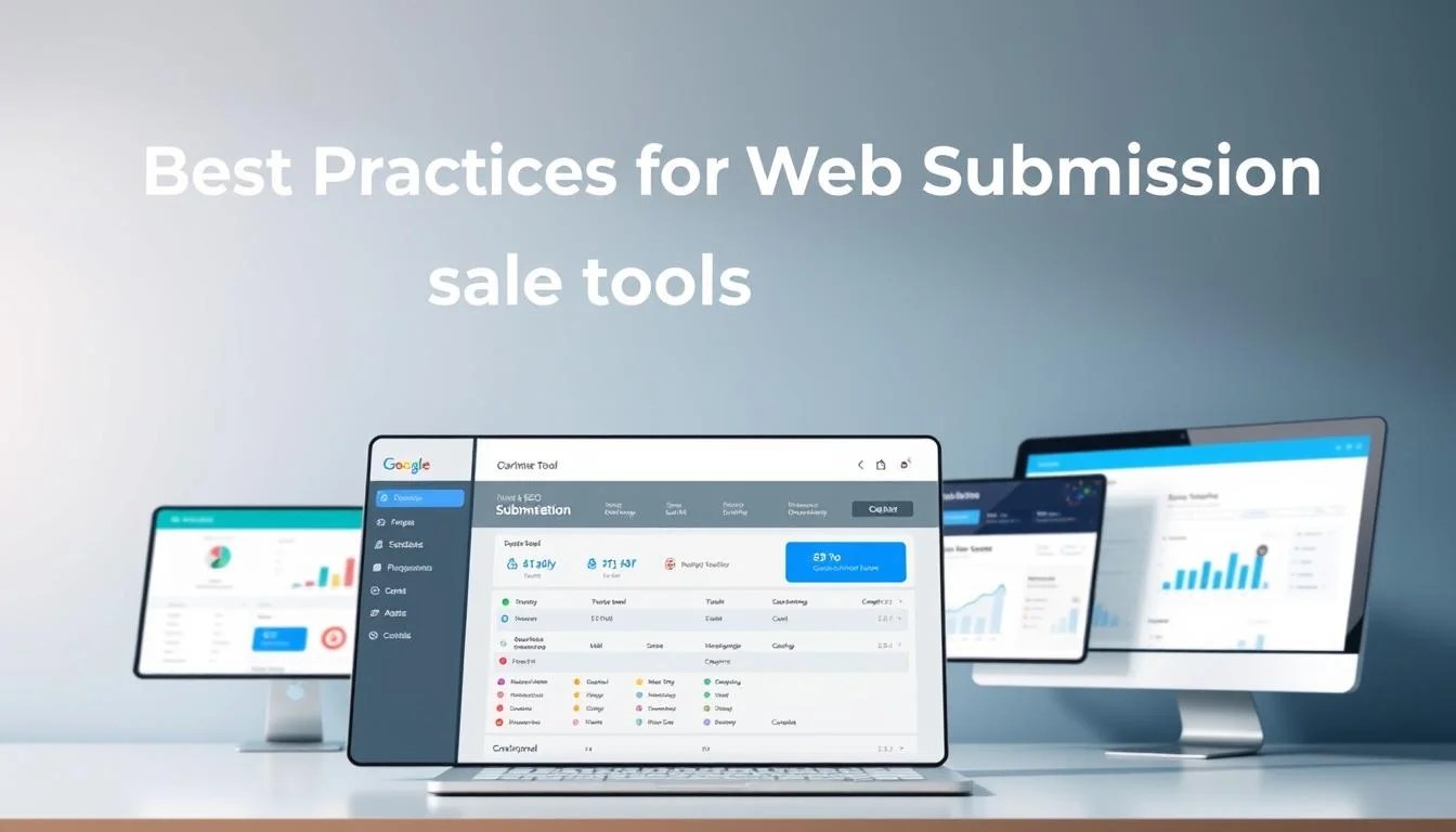 A sleek, modern web interface showcasing a suite of intuitive "Online tools for Marketing" with a clean, minimalist aesthetic. In the foreground, a responsive dashboard highlights a "Free SEO Submission Tool" - its user-friendly controls and interactive visualizations. The middle ground features a series of other web-based marketing utilities, each distinct yet cohesively designed. The background subtly blends shades of blue and gray, evoking a sense of professionalism and efficiency. Soft, diffused lighting casts a warm glow across the entire scene, creating a calming, productive atmosphere ideal for the "Best Practices for Web Submission" section.