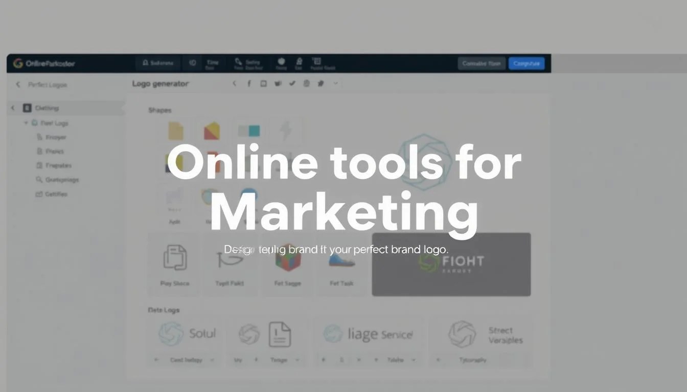 Prompt A sleek, modern logo generator software interface, with a clean and minimalist design. The foreground features the brand name "Online tools for Marketing" prominently displayed, using a sophisticated sans-serif font. The middle ground showcases various customization options and design tools, such as shape selections, color palettes, and typography options. The background features a subtle grid pattern or geometric shapes, conveying a sense of structure and professionalism. The overall mood is one of efficiency, creativity, and ease of use, inviting the user to effortlessly design their perfect brand logo.