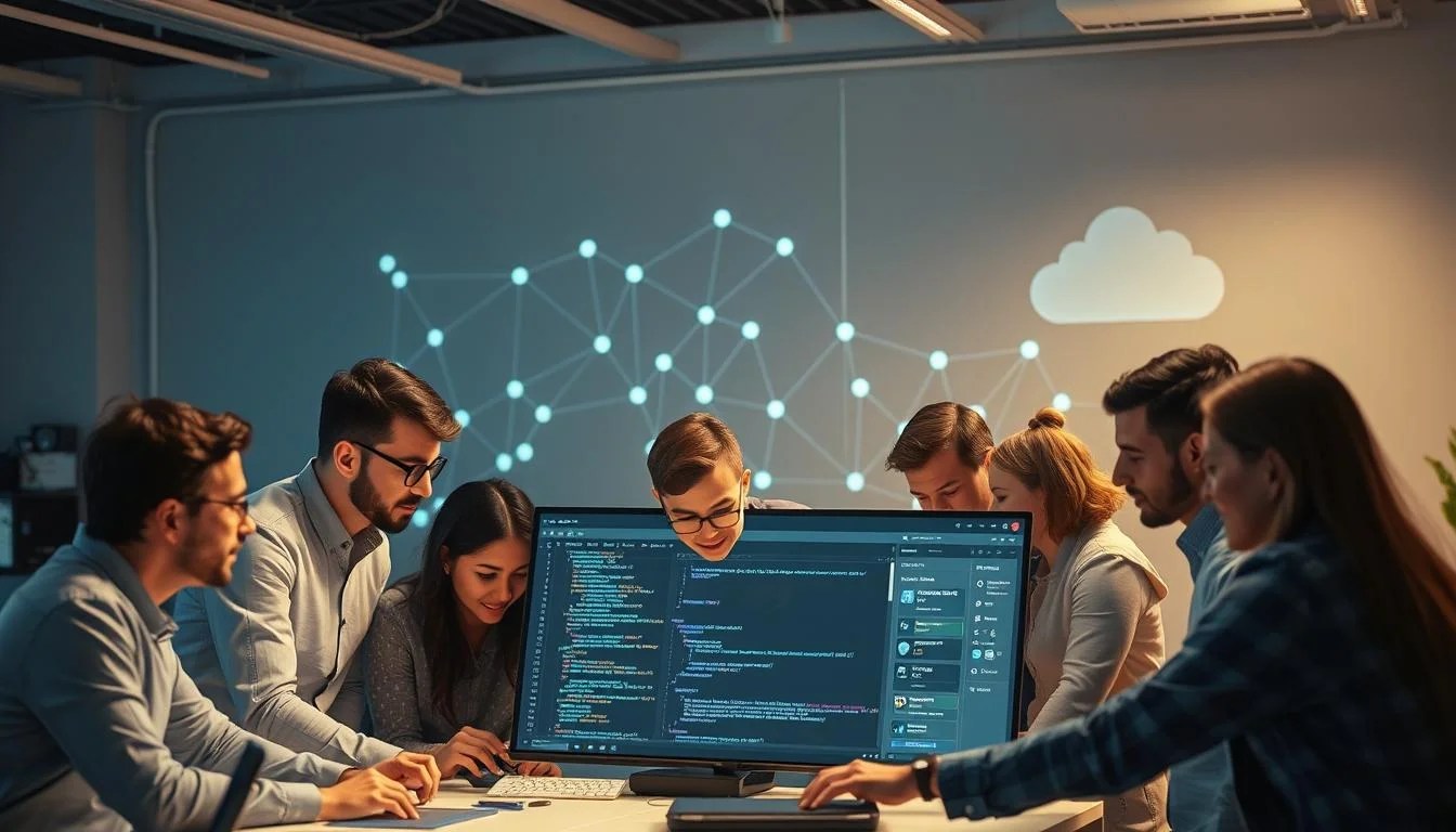 Trae AI Collaboration Features: A modern software development workbench showcasing a team of diverse professionals collaborating seamlessly. In the foreground, a team of developers, designers, and project managers are gathered around a large, high-resolution display, sharing code, design mockups, and real-time feedback. Soft, directional lighting illuminates their focused expressions and the sleek, minimalist UI of the Trae AI interface. In the background, a network of connected devices and cloud infrastructure symbolizes the power of Trae AI's integrated toolset. The overall atmosphere conveys a sense of productivity, creativity, and the synergy of a well-coordinated, tech-savvy team.