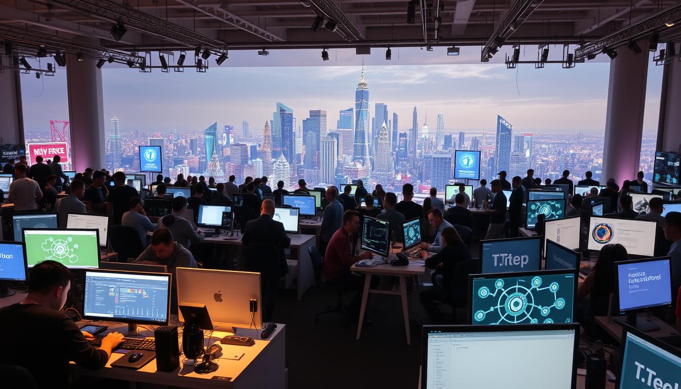 A bustling marketplace for AI development, showcasing a diverse array of innovative projects. In the foreground, developers collaborate at workstations, coding and analyzing data with focused intensity. The middle ground features a range of interactive displays and demos, highlighting the capabilities of various AI models and applications. In the background, a panoramic view of the city skyline sets the scene, with modern skyscrapers and a vibrant, futuristic atmosphere. Soft, warm lighting illuminates the space, creating an inviting and dynamic environment that fosters creativity and innovation. The overall composition conveys a sense of energy, collaboration, and the boundless potential of crowd-sourced AI development.