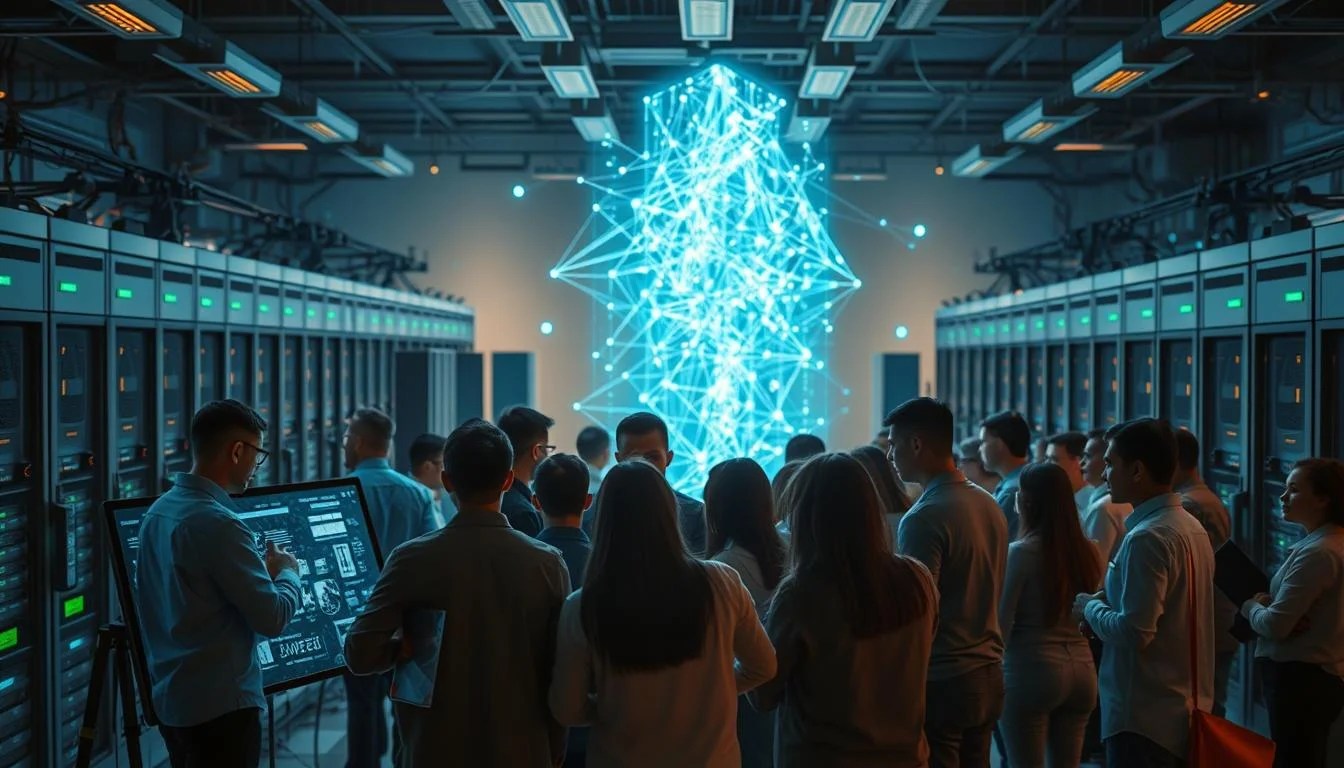 A bustling scene of collaborative machine learning unfolds before a backdrop of sleek, high-tech servers and interconnected data networks. In the foreground, a diverse group of data scientists, engineers, and researchers huddle around a large touchscreen display, analyzing complex algorithms and models. The middle ground features a cluster of powerful GPUs, their lights pulsing with the energy of parallel processing. In the distance, a towering holographic visualization dominates the space, showcasing the intricate web of neural connections and data flows that power the collaborative effort. The lighting is warm and inviting, with subtle hints of blue and green hues, creating an atmosphere of intellectual curiosity and synergistic innovation.