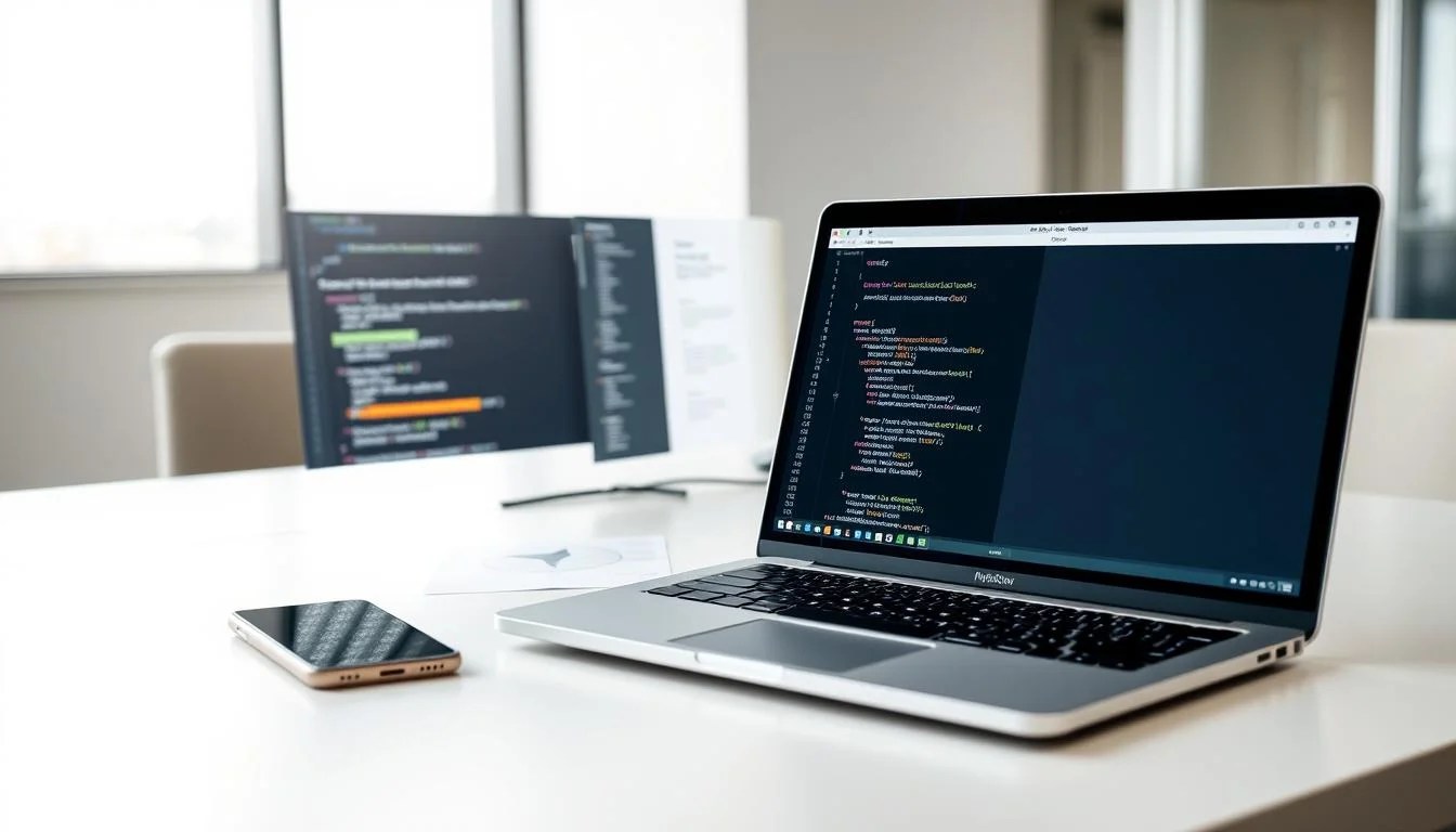 A clean, well-lit workspace with a modern desk, a laptop displaying an API key integration example, and a smartphone nearby. The foreground features the laptop screen with a code editor open, showcasing a section of the API key implementation. The middle ground includes a set of technical diagrams or flowcharts illustrating the integration process. The background depicts a minimalist office setting with a large window providing natural lighting and a subtle cityscape visible outside. The overall atmosphere is one of focus, professionalism, and technical expertise. A clean, well-lit workspace with a modern desk, a laptop displaying an API key integration example, and a smartphone nearby. The foreground features the laptop screen with a code editor open, showcasing a section of the API key implementation. The middle ground includes a set of technical diagrams or flowcharts illustrating the integration process. The background depicts a minimalist office setting with a large window providing natural lighting and a subtle cityscape visible outside. The overall atmosphere is one of focus, professionalism, and technical expertise.