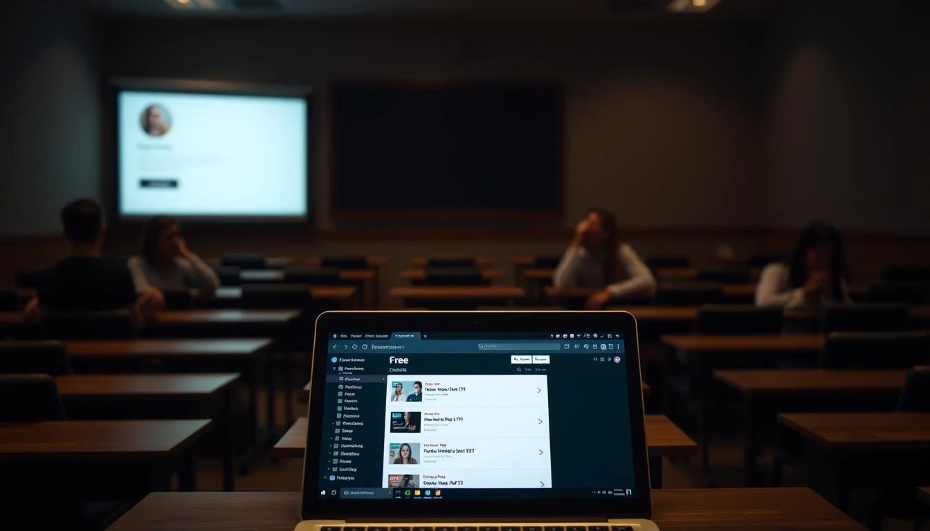 A dimly lit classroom, desks arranged in rows, with a teacher's lectern at the front. The room exudes a sense of confinement, conveying the limitations of free Udemy courses. In the foreground, a student's laptop screen displays a course catalog, the free options marked with a subtle yet evident asterisk. The middle ground features other students, their faces expressing a mix of disappointment and resignation, as they navigate the constraints of the free tier. The background is blurred, creating a sense of focus on the central theme of limitations. Soft, warm lighting casts shadows, adding depth and a contemplative mood to the scene.